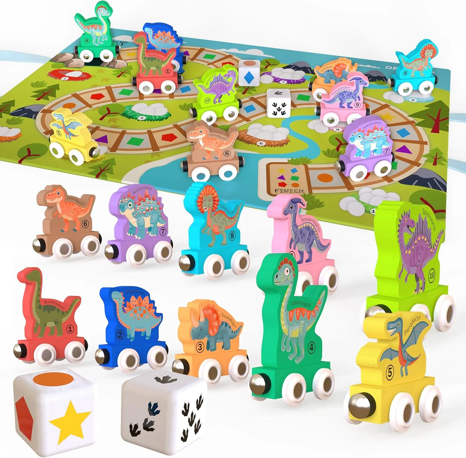 Play and Pack Dinosaur Wooden Train Set Learning Number, Shapes, Colors, Counting, Game Board Bag for Wooden Railway, Number Trains, montesorri Toys, Kids Age 3, 4, 5, 6