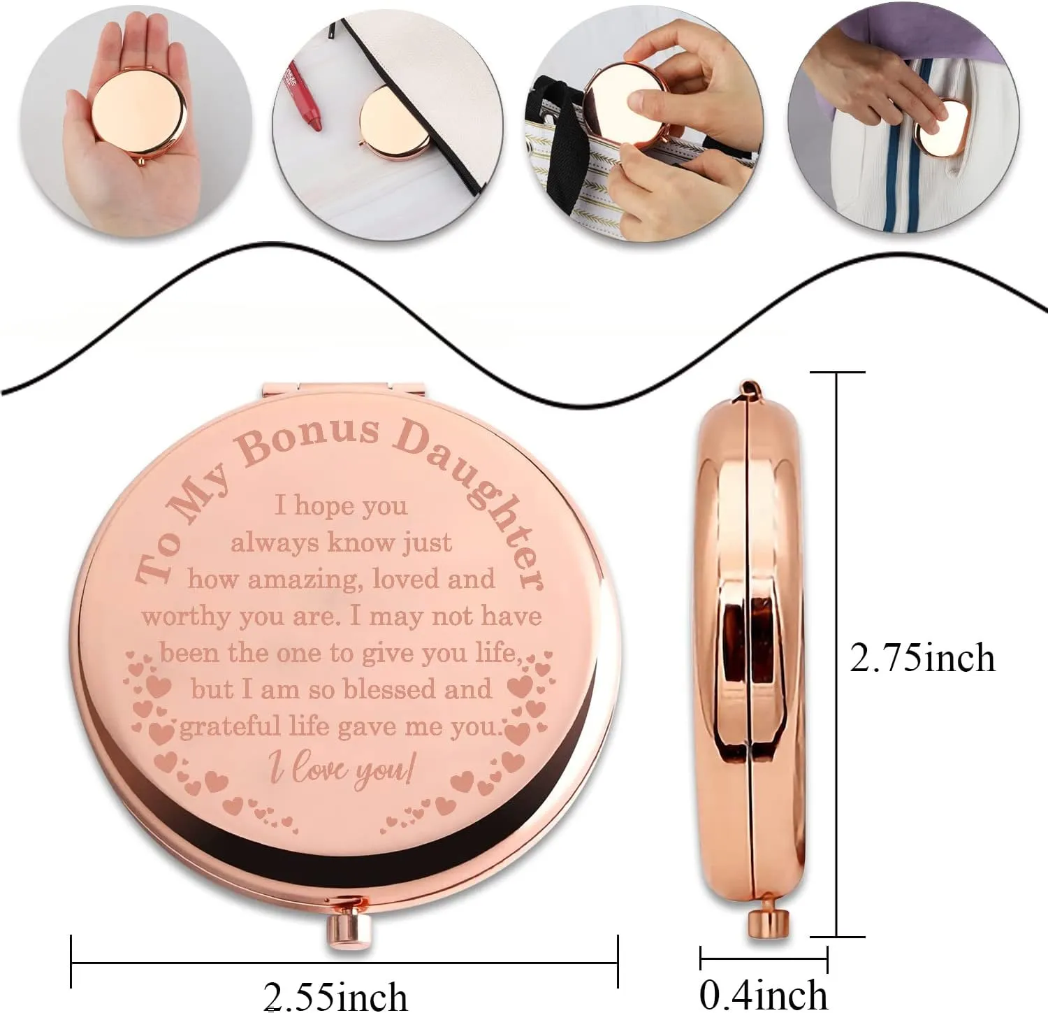PLITI Bonus Daughter Compact Mirror Form Mom Dad Stepdaughter Gift to My Bonus Daughter Inspirational Pocket Mirror (Bonus Daughter CMrg)