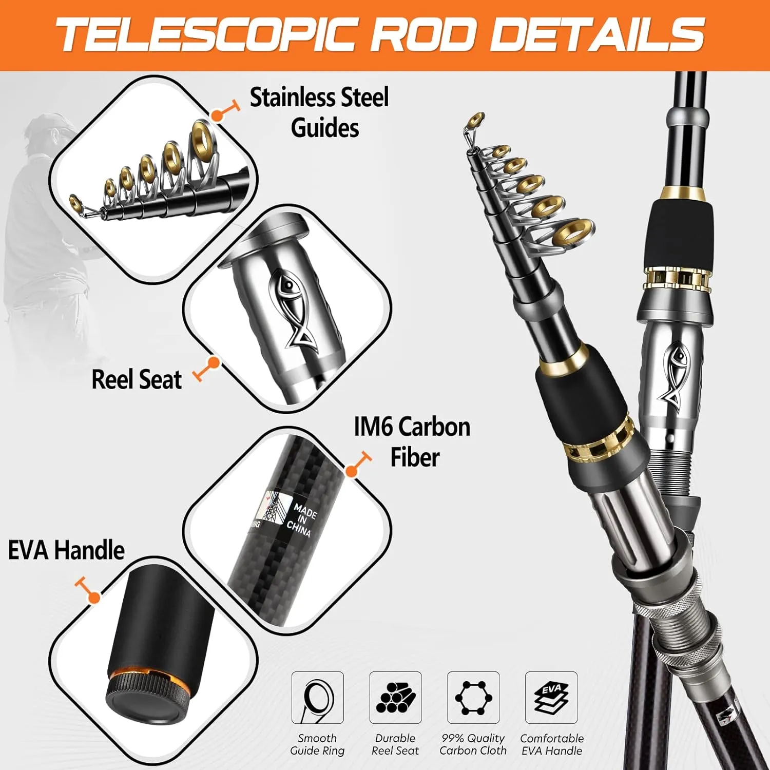 PLUSINNO Fishing Rod, Telescopic Fishing Rod and Reel Combo, Collapsible Travel Fishing Pole Rod Starter Kit, Carbon Fiber Fishing Rods and 12  1 Bearings Stainless Steel, Fishing Gifts for Men Adults