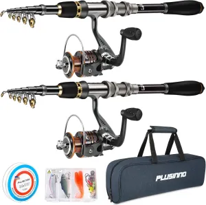 PLUSINNO Fishing Rod, Telescopic Fishing Rod and Reel Combo, Collapsible Travel Fishing Pole Rod Starter Kit, Carbon Fiber Fishing Rods and 12  1 Bearings Stainless Steel, Fishing Gifts for Men Adults