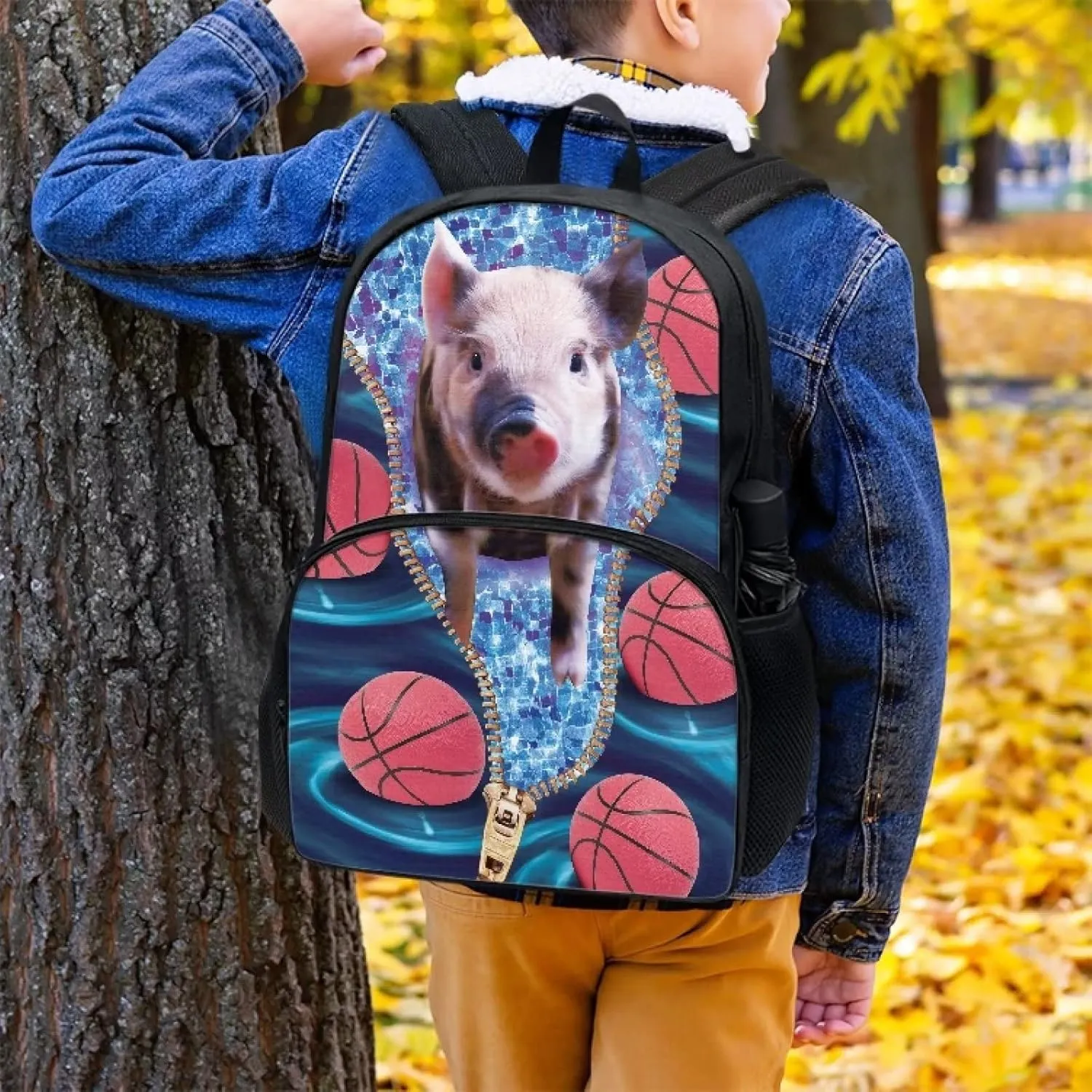 Poceacles Basketball Cute Pig Pattern Polyester Backpack Middle School Bag for Boys Girls 17 Inch Bookbag Rucksack Kids Schoolbags Satchel Travel Bags Lightweight Bag