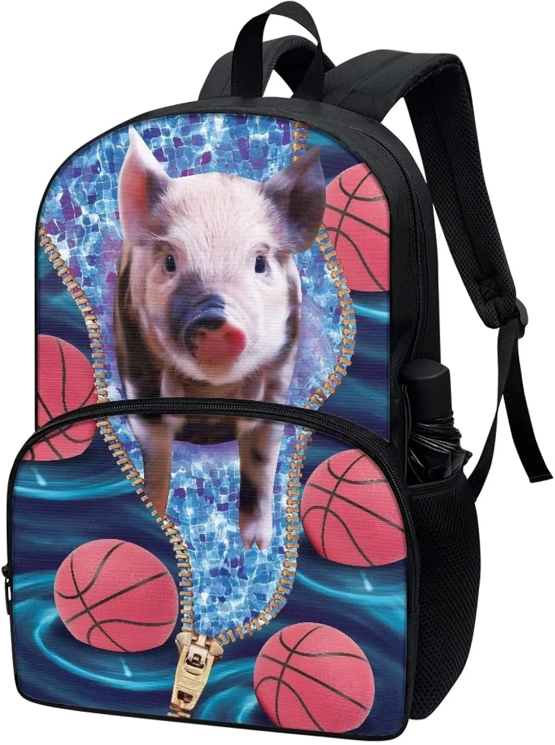 Poceacles Basketball Cute Pig Pattern Polyester Backpack Middle School Bag for Boys Girls 17 Inch Bookbag Rucksack Kids Schoolbags Satchel Travel Bags Lightweight Bag