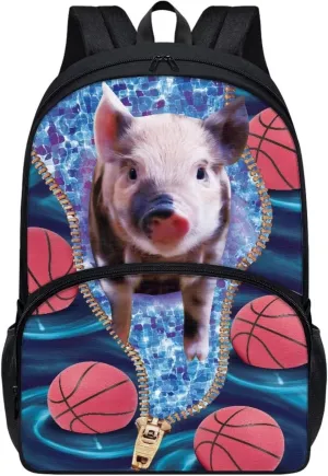 Poceacles Basketball Cute Pig Pattern Polyester Backpack Middle School Bag for Boys Girls 17 Inch Bookbag Rucksack Kids Schoolbags Satchel Travel Bags Lightweight Bag