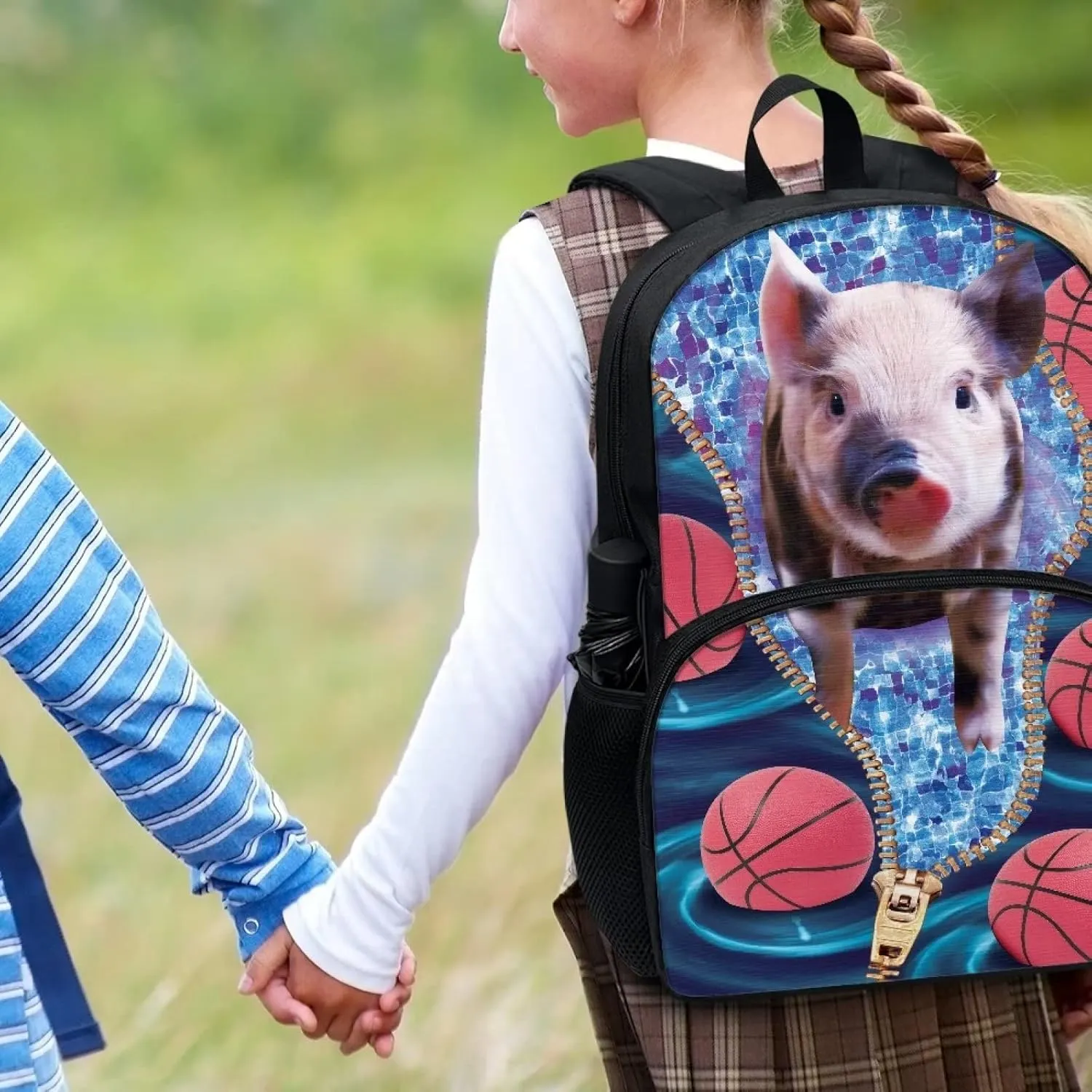 Poceacles Basketball Cute Pig Pattern Polyester Backpack Middle School Bag for Boys Girls 17 Inch Bookbag Rucksack Kids Schoolbags Satchel Travel Bags Lightweight Bag