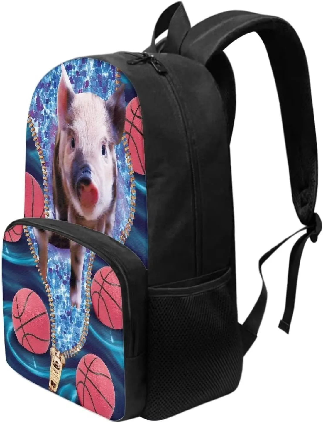 Poceacles Basketball Cute Pig Pattern Polyester Backpack Middle School Bag for Boys Girls 17 Inch Bookbag Rucksack Kids Schoolbags Satchel Travel Bags Lightweight Bag