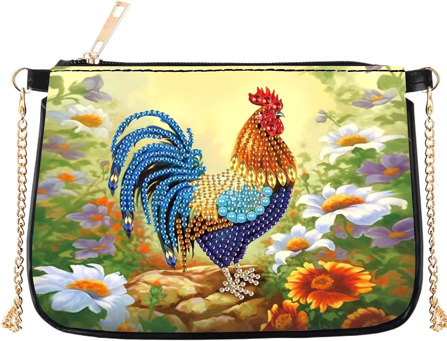 POETRYDRAW 5D DIY Diamond Art Purses Diamond Art Kits for Adults, Flower Rooster Shoulder Makeup Bag Chain Leather Clutch Purse, Holiday Birthday