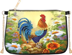 POETRYDRAW 5D DIY Diamond Art Purses Diamond Art Kits for Adults, Flower Rooster Shoulder Makeup Bag Chain Leather Clutch Purse, Holiday Birthday
