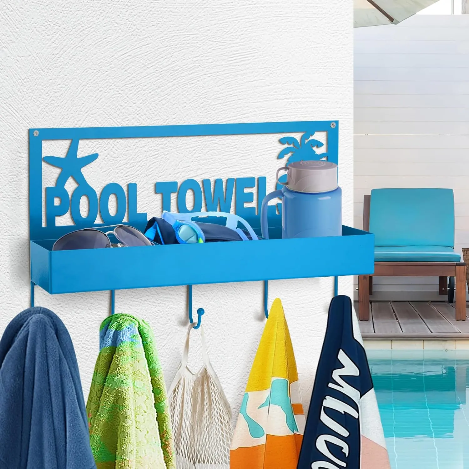 Pool Towel Rack - 2-in-1 Outdoor Poolside Beach Washcloth Drying Rack Holder, Wall Mounted Metal Hooks Decor for Bath Towel Storage, Robe Swimsuit, Coat, Bags, Phone, Keys - Blue