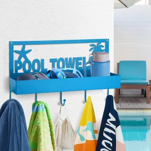 Pool Towel Rack - 2-in-1 Outdoor Poolside Beach Washcloth Drying Rack Holder, Wall Mounted Metal Hooks Decor for Bath Towel Storage, Robe Swimsuit, Coat, Bags, Phone, Keys - Blue