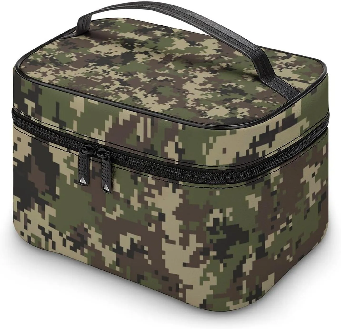 Portable Cosmetic Bag for Women, Large Travel Makeup Bag with Brush Holder, Green Camo Army Solider Camouflage Waterproof Toiletry Organizer Case