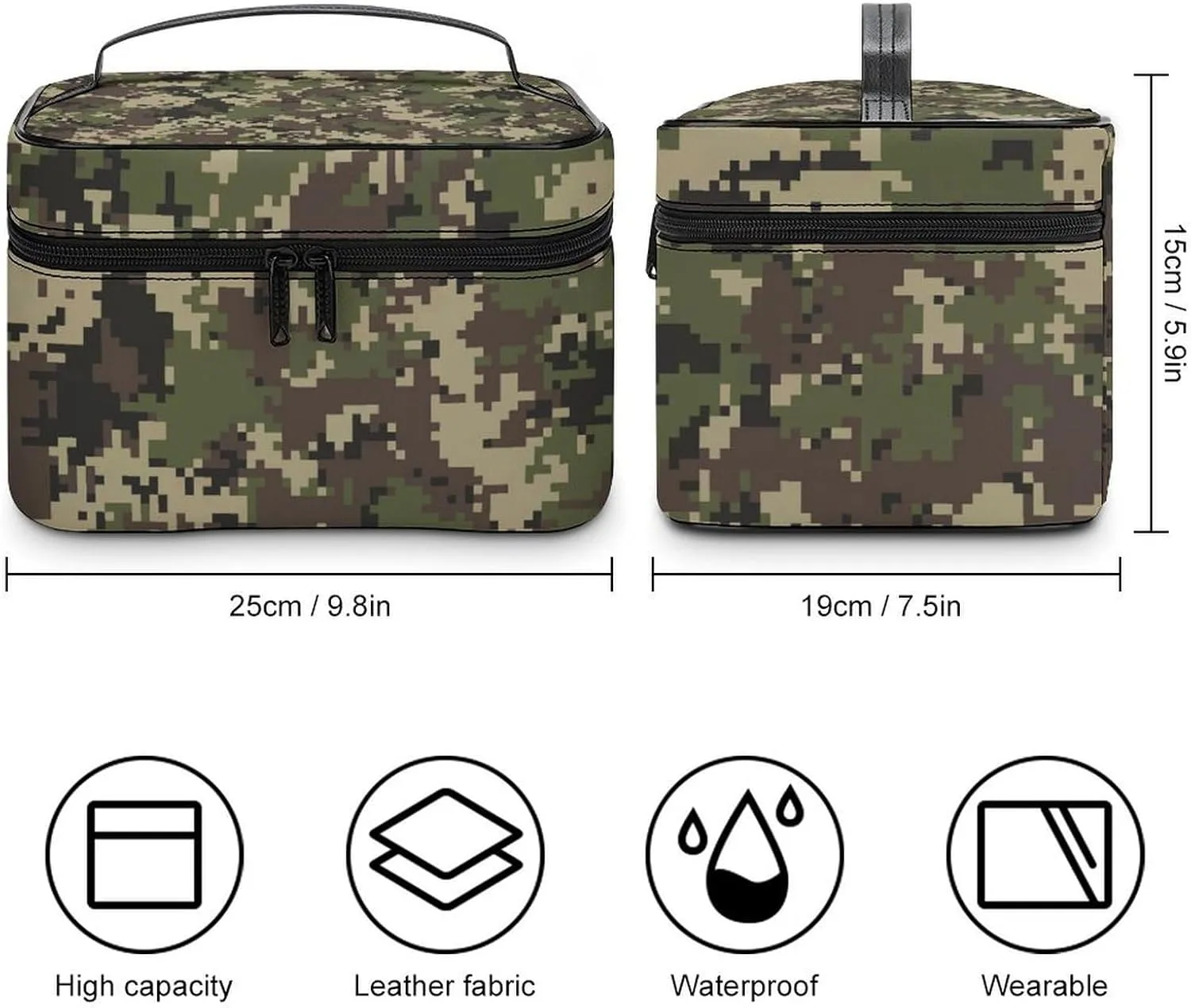 Portable Cosmetic Bag for Women, Large Travel Makeup Bag with Brush Holder, Green Camo Army Solider Camouflage Waterproof Toiletry Organizer Case