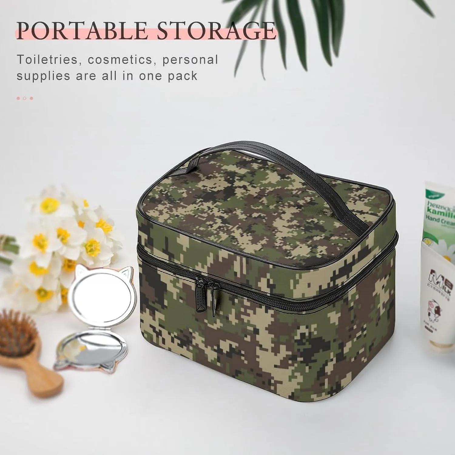 Portable Cosmetic Bag for Women, Large Travel Makeup Bag with Brush Holder, Green Camo Army Solider Camouflage Waterproof Toiletry Organizer Case