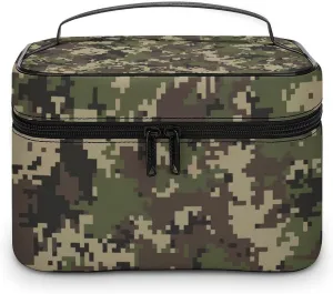 Portable Cosmetic Bag for Women, Large Travel Makeup Bag with Brush Holder, Green Camo Army Solider Camouflage Waterproof Toiletry Organizer Case