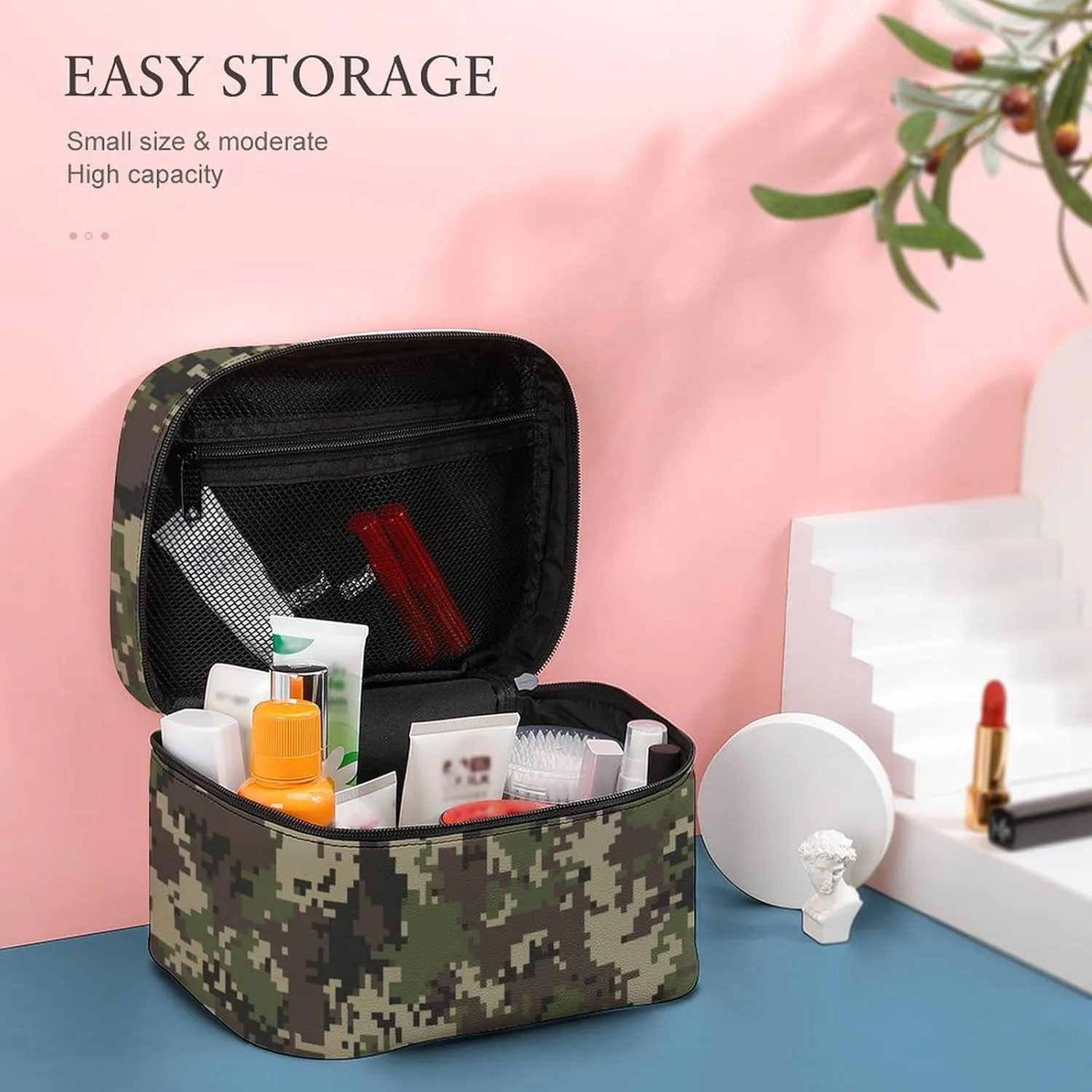 Portable Cosmetic Bag for Women, Large Travel Makeup Bag with Brush Holder, Green Camo Army Solider Camouflage Waterproof Toiletry Organizer Case