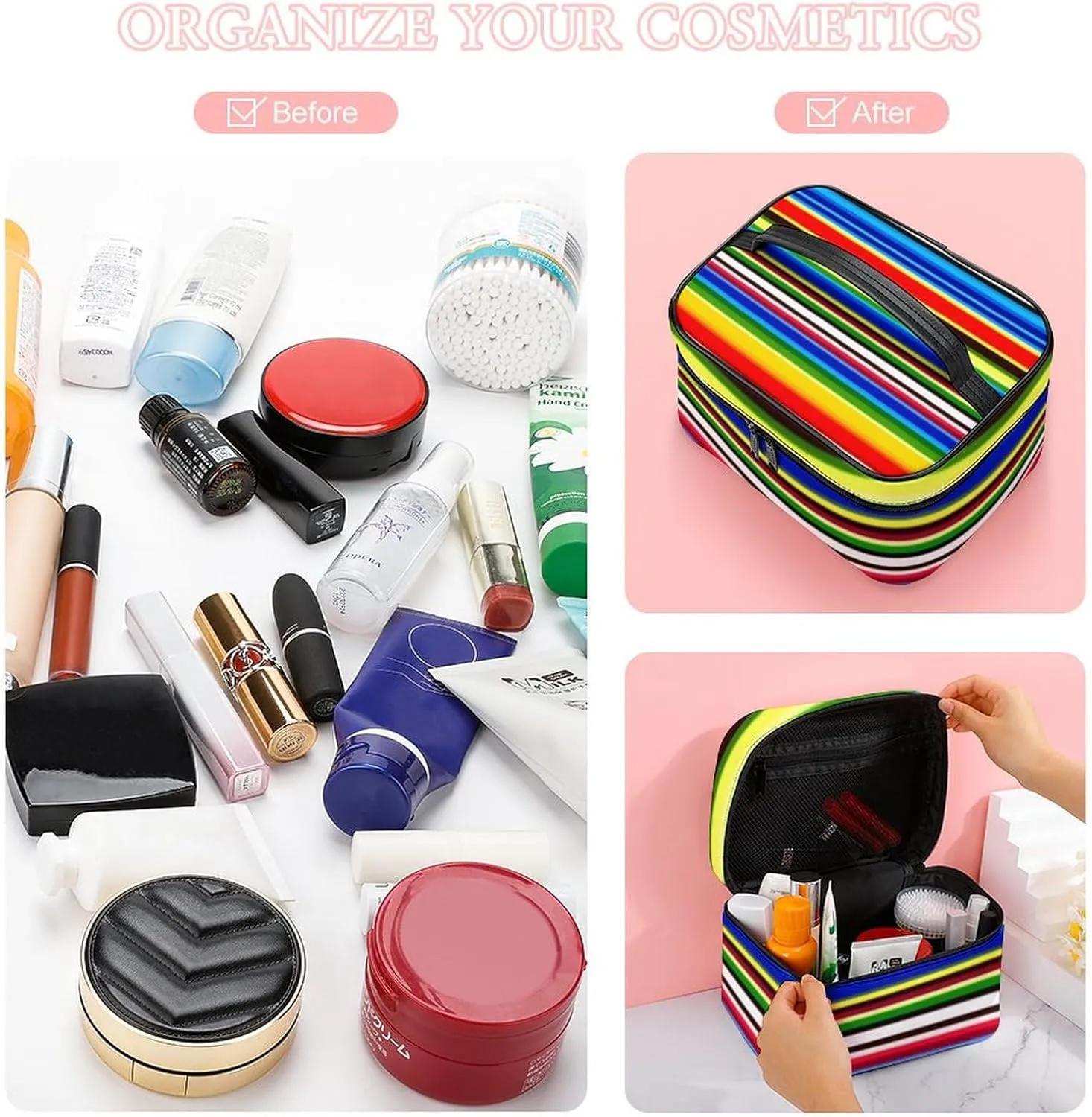 Portable Large Makeup Organizer Case for Women, Mexican Blanket Stripes Toiletry Brushes Storage Bag Travel Cosmetic Accessories