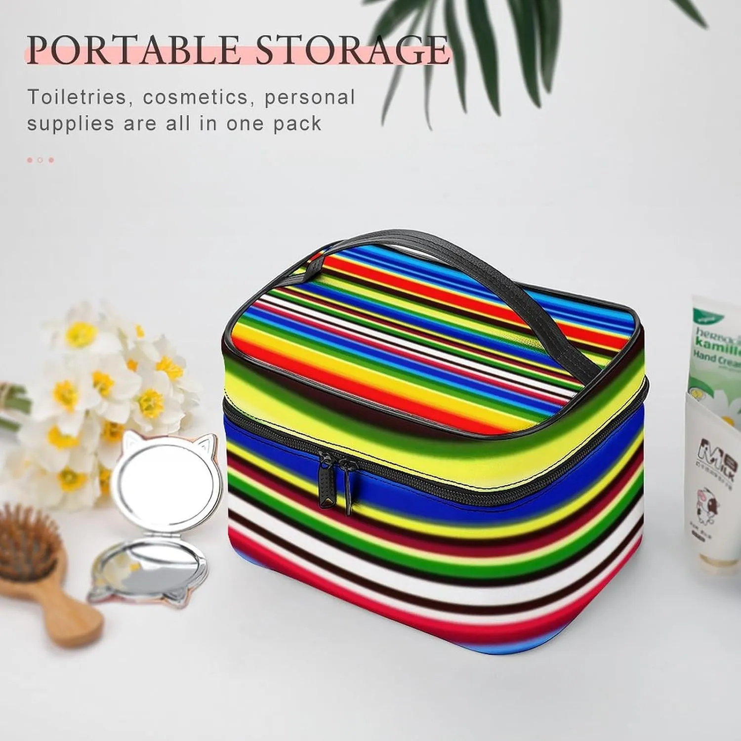Portable Large Makeup Organizer Case for Women, Mexican Blanket Stripes Toiletry Brushes Storage Bag Travel Cosmetic Accessories