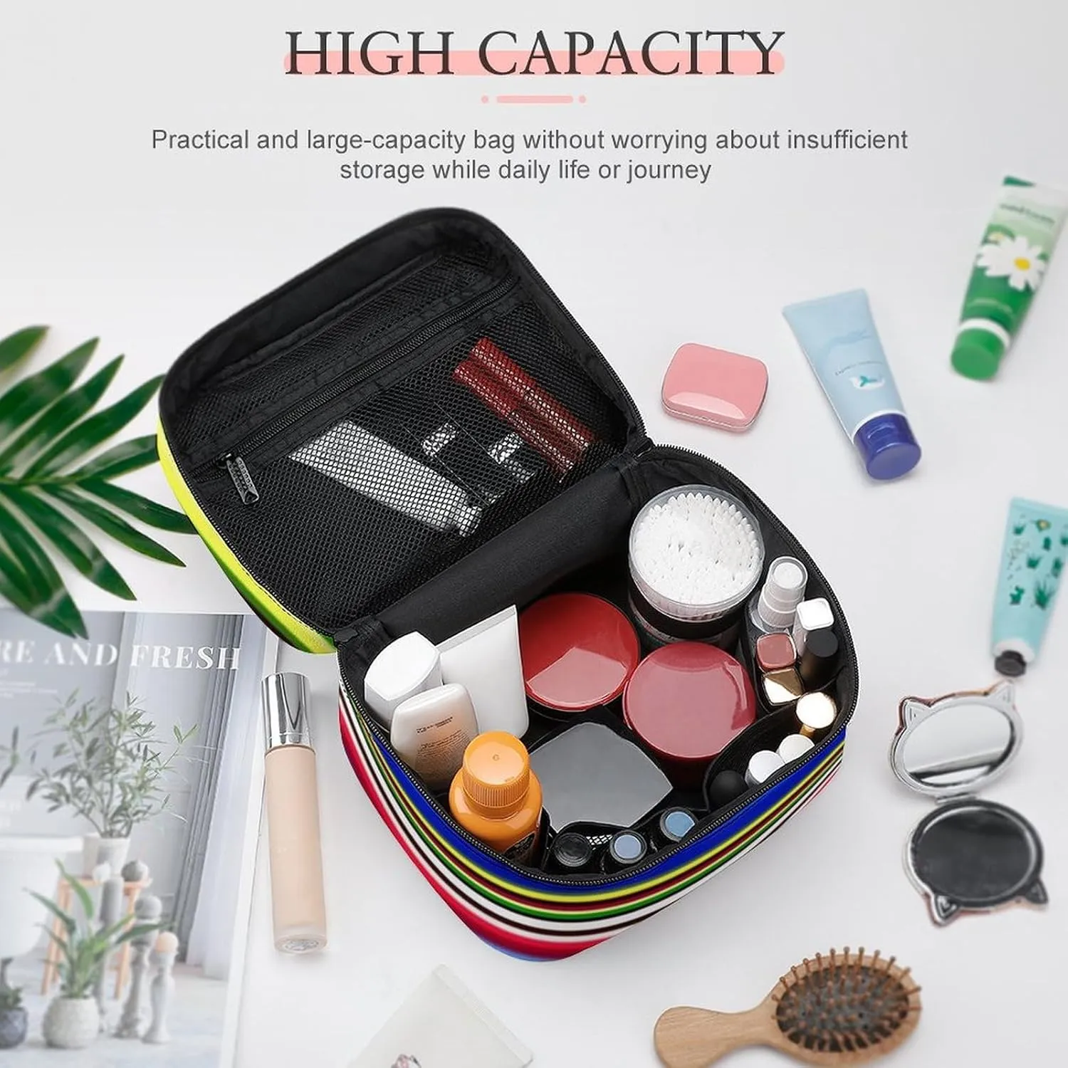 Portable Large Makeup Organizer Case for Women, Mexican Blanket Stripes Toiletry Brushes Storage Bag Travel Cosmetic Accessories