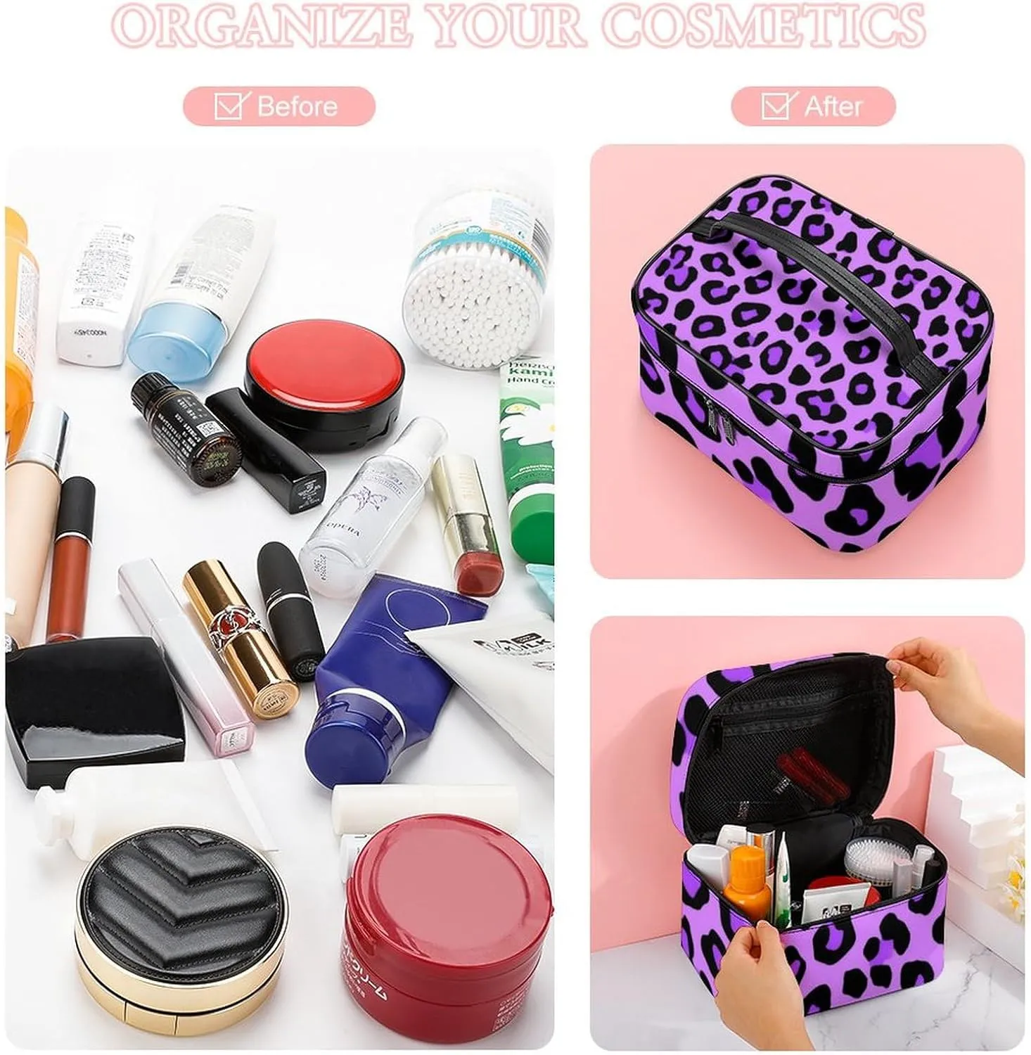 Portable Large Makeup Organizer Case for Women, Purple Cheetah Leopard Print Toiletry Brushes Storage Bag Travel Cosmetic Accessories