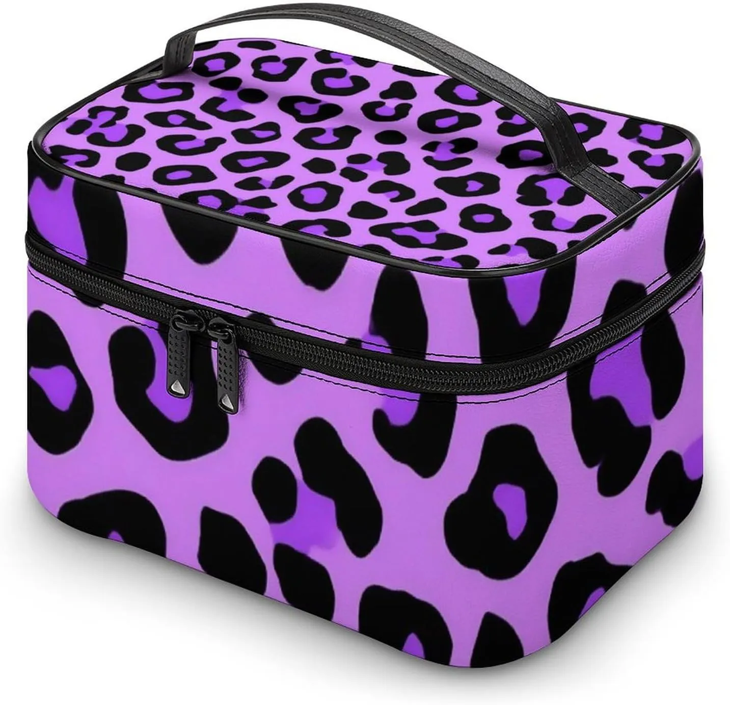 Portable Large Makeup Organizer Case for Women, Purple Cheetah Leopard Print Toiletry Brushes Storage Bag Travel Cosmetic Accessories