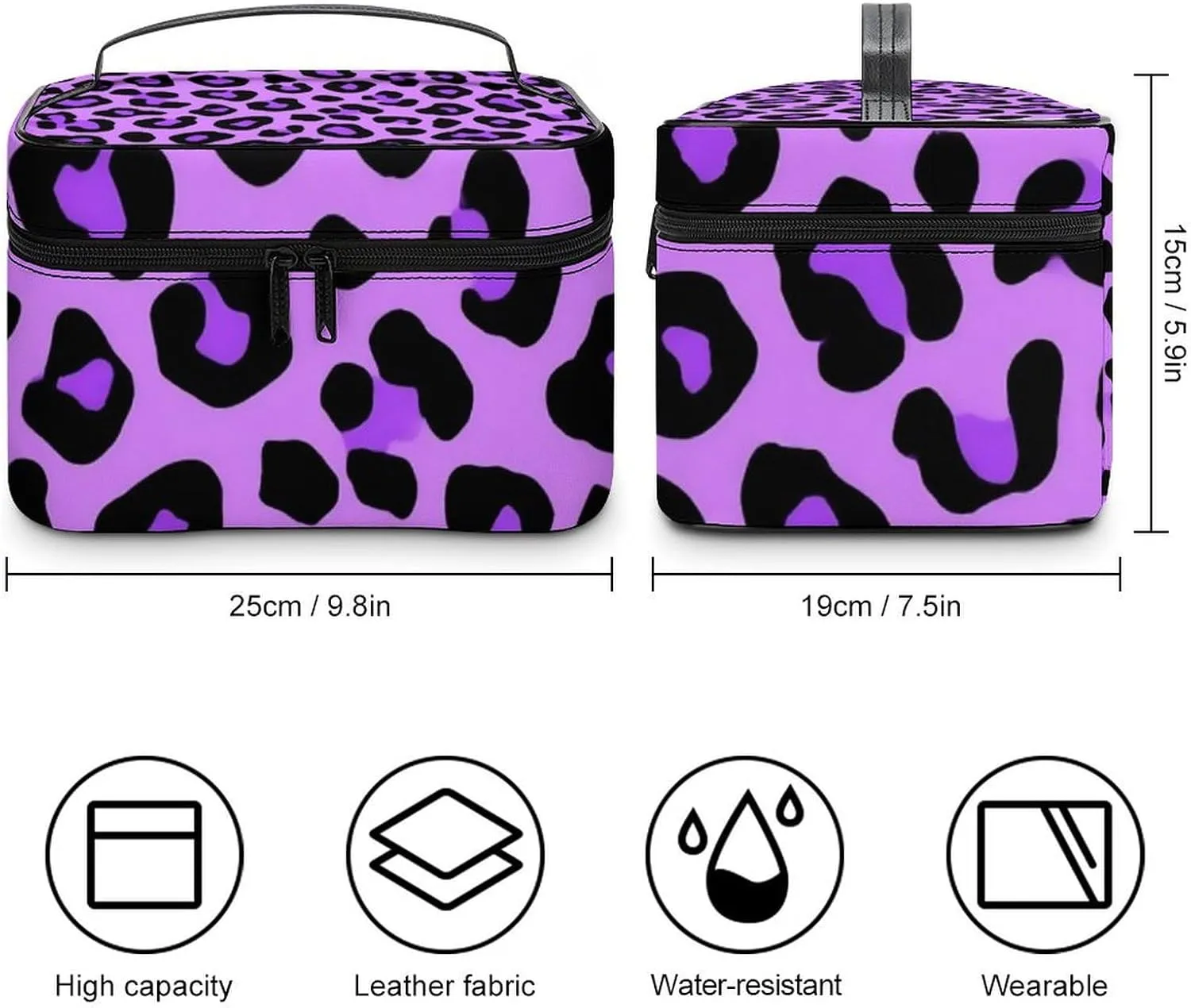 Portable Large Makeup Organizer Case for Women, Purple Cheetah Leopard Print Toiletry Brushes Storage Bag Travel Cosmetic Accessories