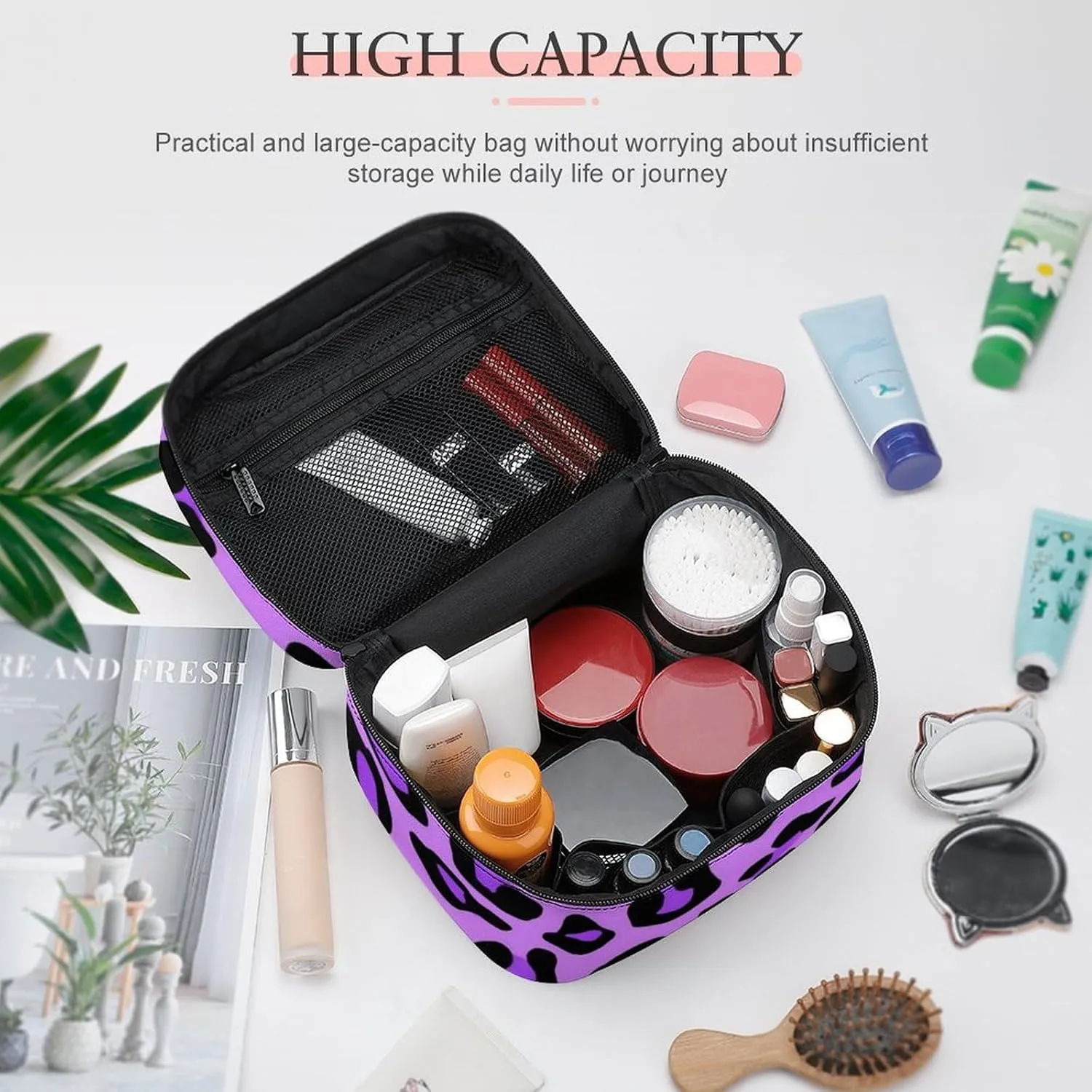 Portable Large Makeup Organizer Case for Women, Purple Cheetah Leopard Print Toiletry Brushes Storage Bag Travel Cosmetic Accessories