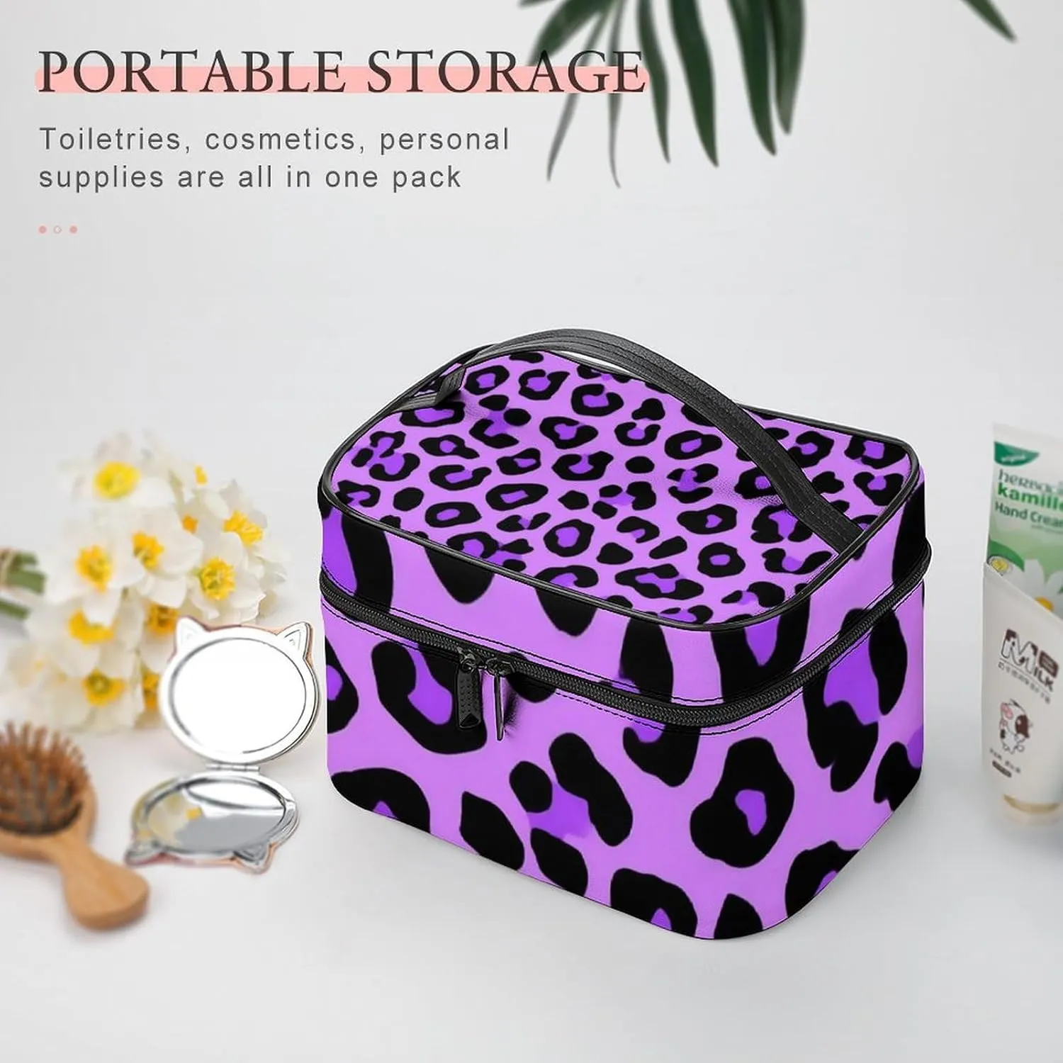 Portable Large Makeup Organizer Case for Women, Purple Cheetah Leopard Print Toiletry Brushes Storage Bag Travel Cosmetic Accessories
