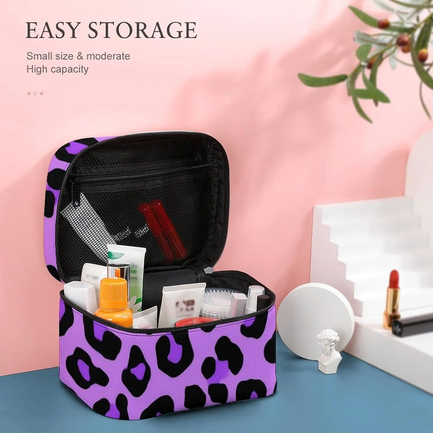 Portable Large Makeup Organizer Case for Women, Purple Cheetah Leopard Print Toiletry Brushes Storage Bag Travel Cosmetic Accessories