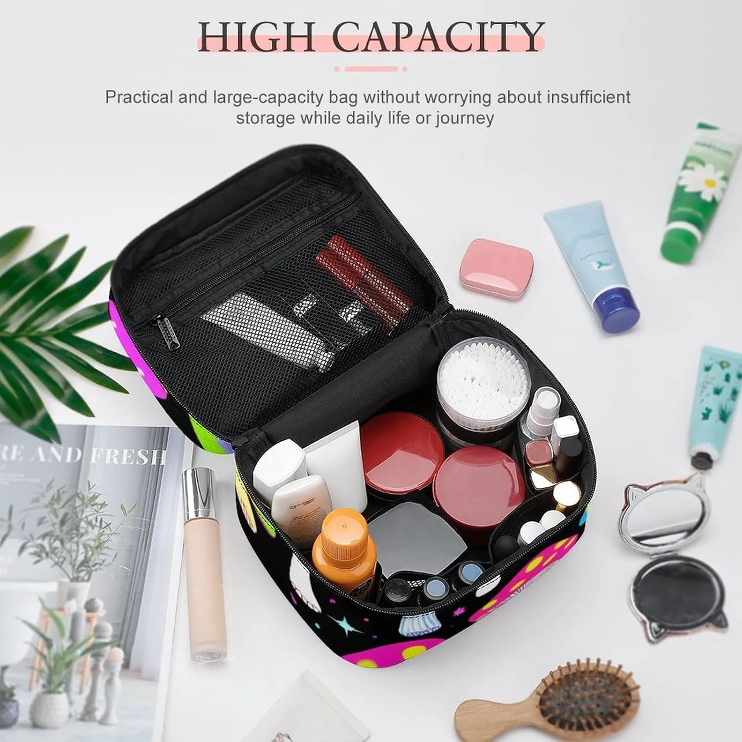 Portable Large Makeup Organizer Case for Women, Trippy Magic Neon Mushrooms Toiletry Brushes Storage Bag Travel Cosmetic Accessories