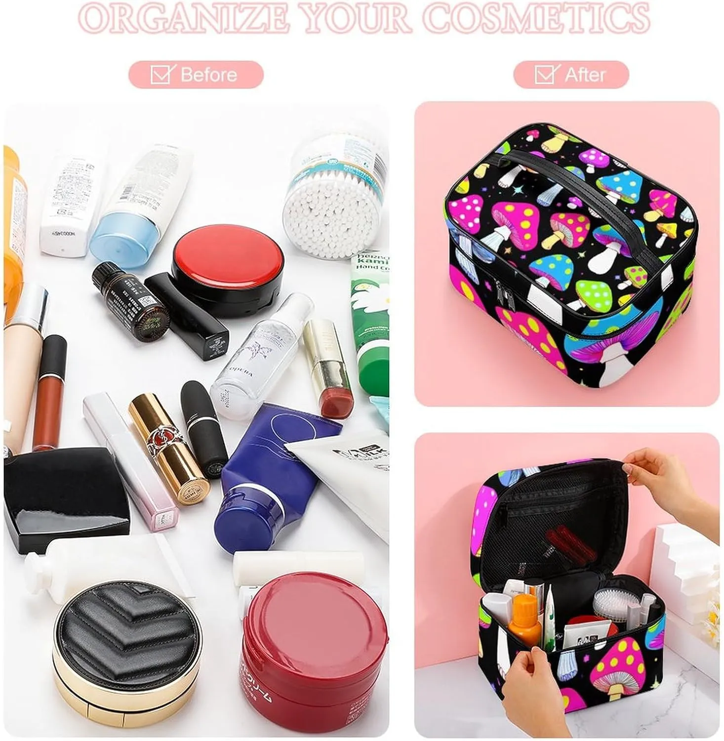 Portable Large Makeup Organizer Case for Women, Trippy Magic Neon Mushrooms Toiletry Brushes Storage Bag Travel Cosmetic Accessories