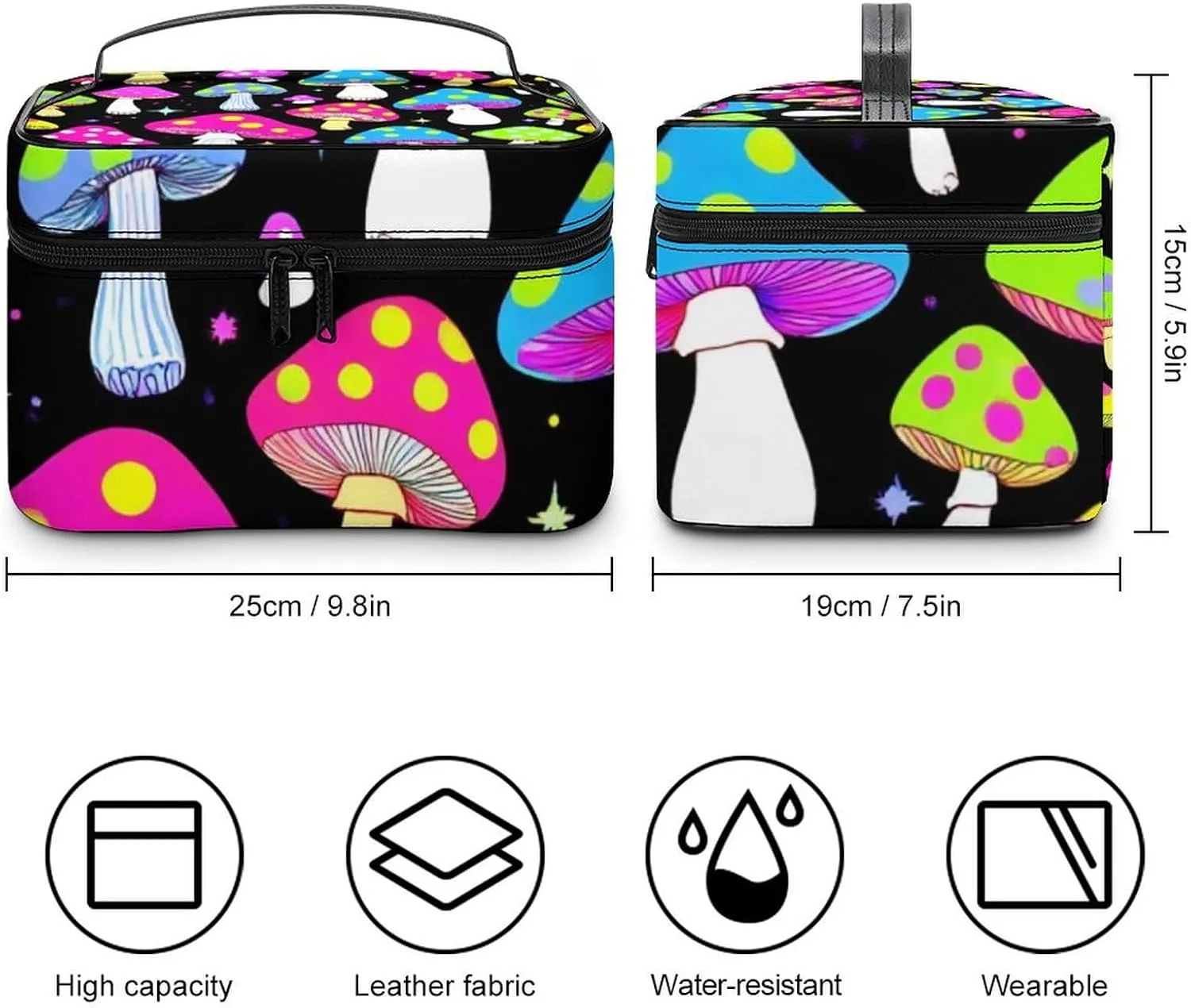 Portable Large Makeup Organizer Case for Women, Trippy Magic Neon Mushrooms Toiletry Brushes Storage Bag Travel Cosmetic Accessories