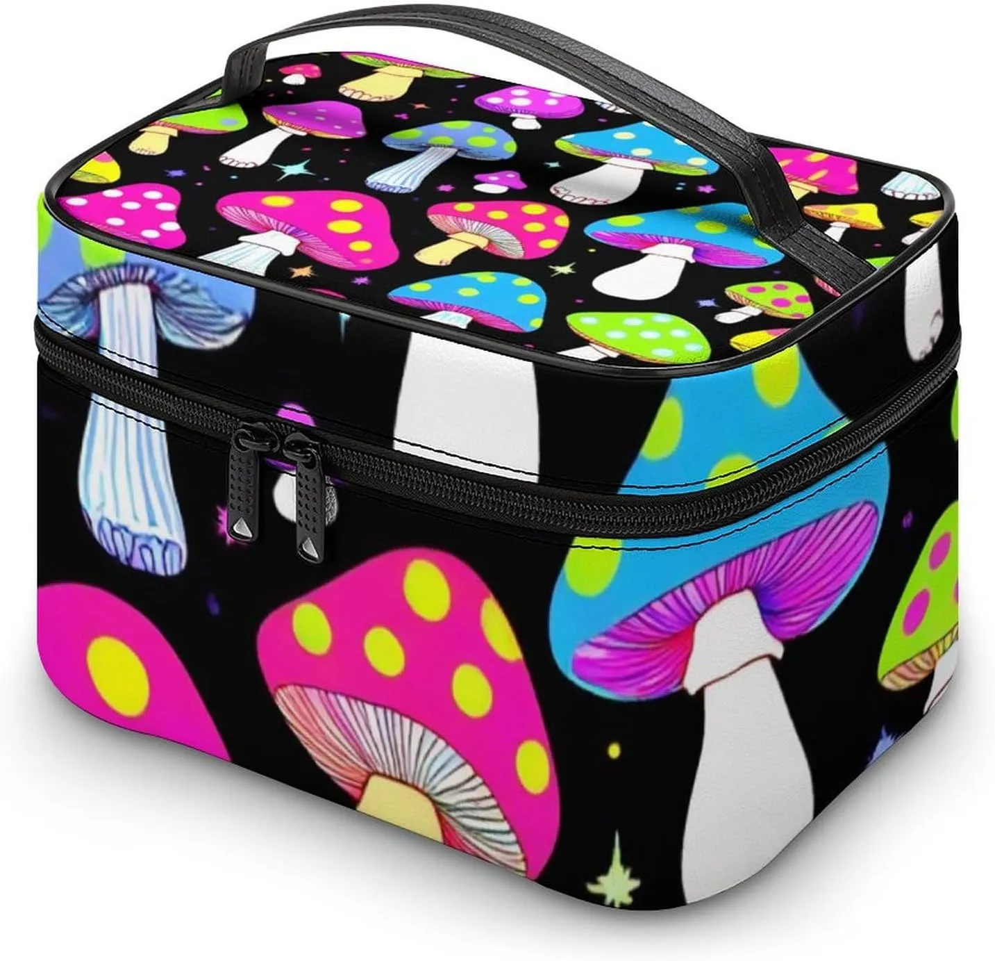 Portable Large Makeup Organizer Case for Women, Trippy Magic Neon Mushrooms Toiletry Brushes Storage Bag Travel Cosmetic Accessories