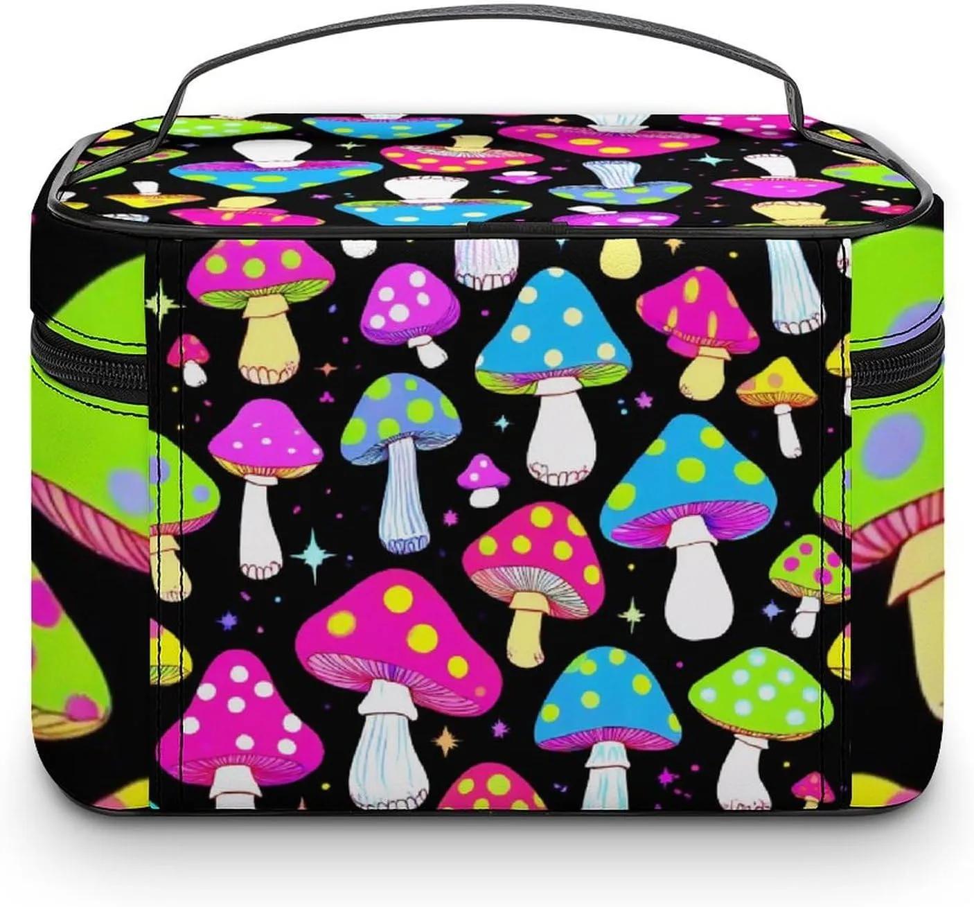 Portable Large Makeup Organizer Case for Women, Trippy Magic Neon Mushrooms Toiletry Brushes Storage Bag Travel Cosmetic Accessories