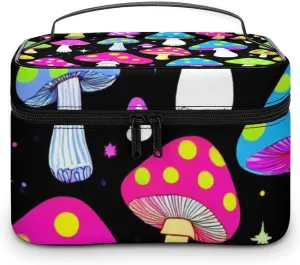 Portable Large Makeup Organizer Case for Women, Trippy Magic Neon Mushrooms Toiletry Brushes Storage Bag Travel Cosmetic Accessories