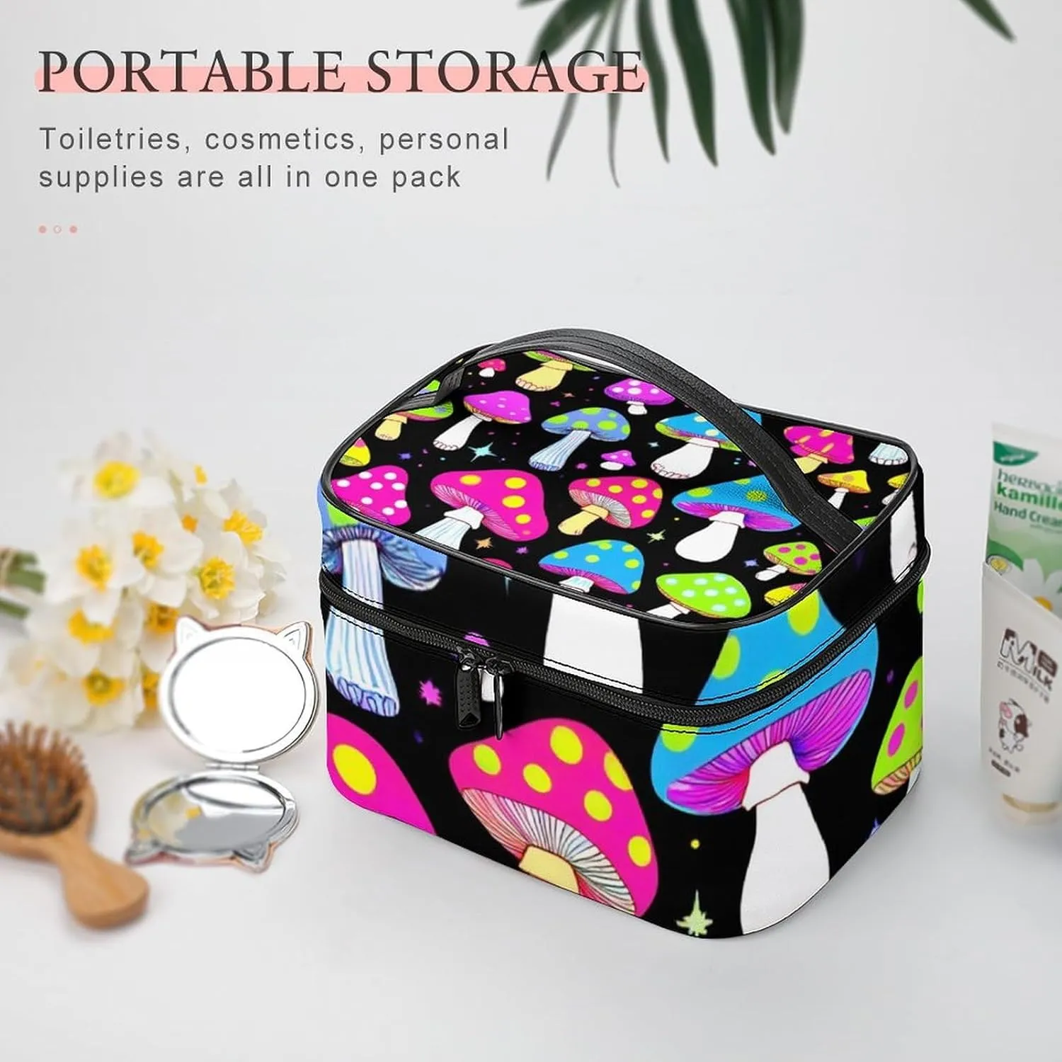 Portable Large Makeup Organizer Case for Women, Trippy Magic Neon Mushrooms Toiletry Brushes Storage Bag Travel Cosmetic Accessories