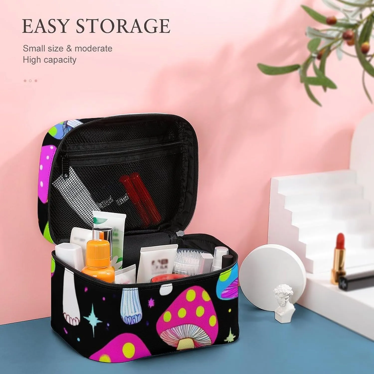 Portable Large Makeup Organizer Case for Women, Trippy Magic Neon Mushrooms Toiletry Brushes Storage Bag Travel Cosmetic Accessories