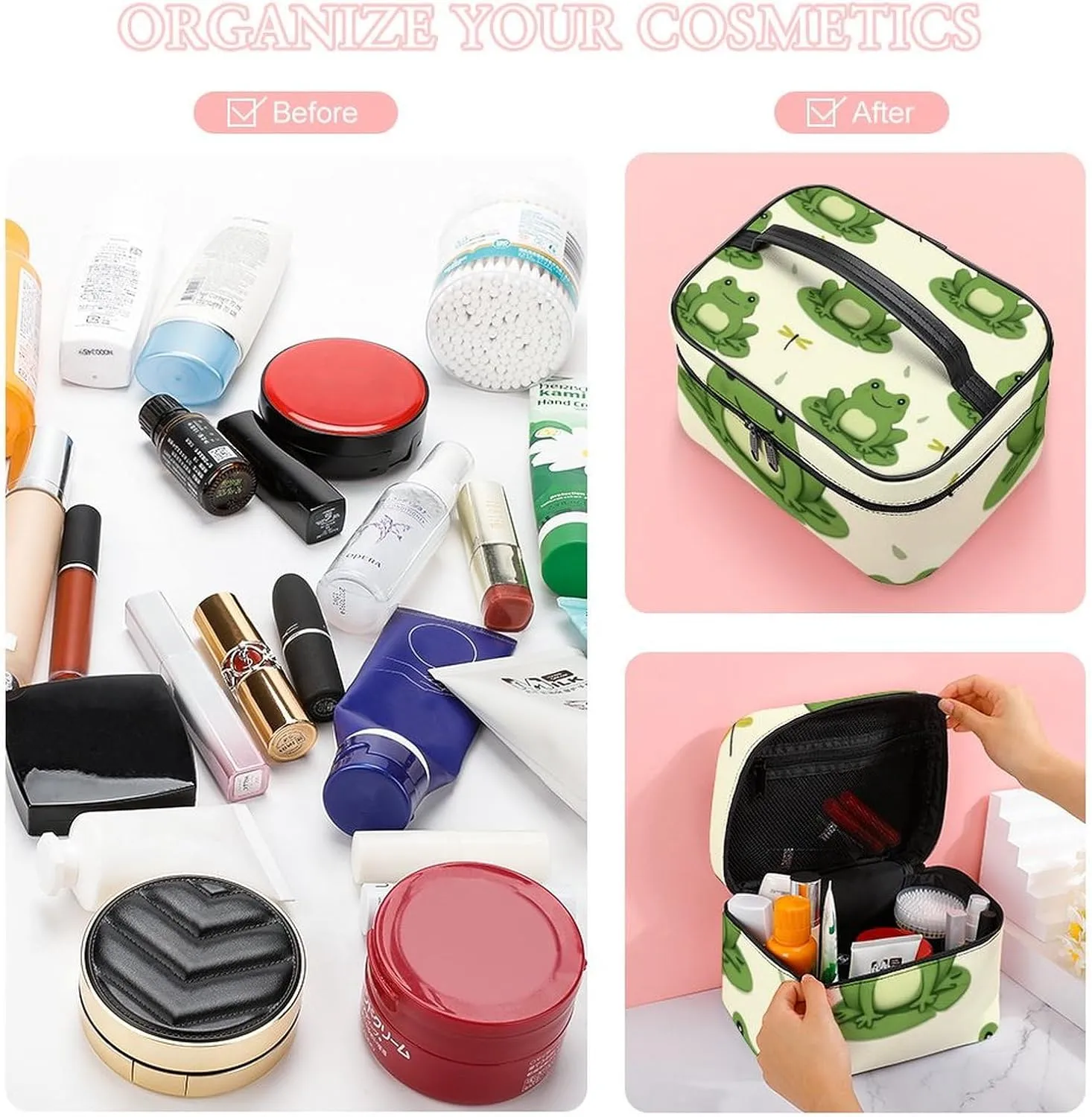 Portable Makeup Bag for Women, Travel Large Cosmetics Toiletry Storage Bag Cute Frog Animal Green Frogs Makeup Organizer Case with Handle