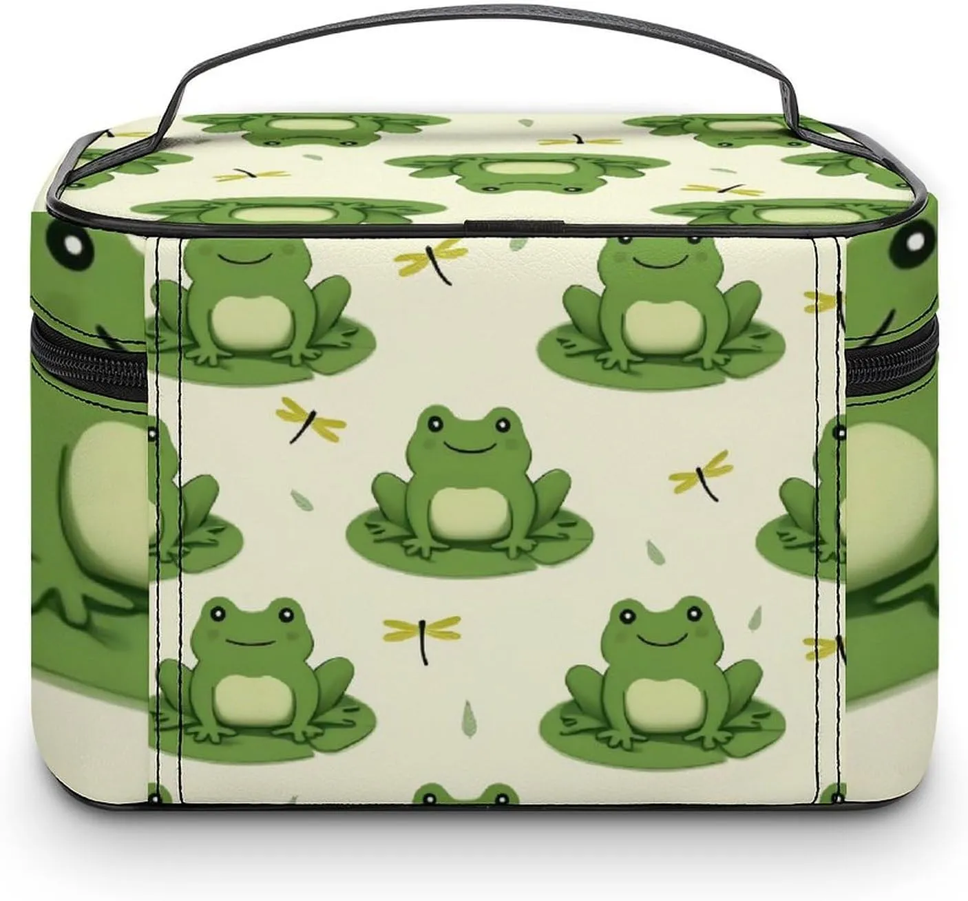Portable Makeup Bag for Women, Travel Large Cosmetics Toiletry Storage Bag Cute Frog Animal Green Frogs Makeup Organizer Case with Handle