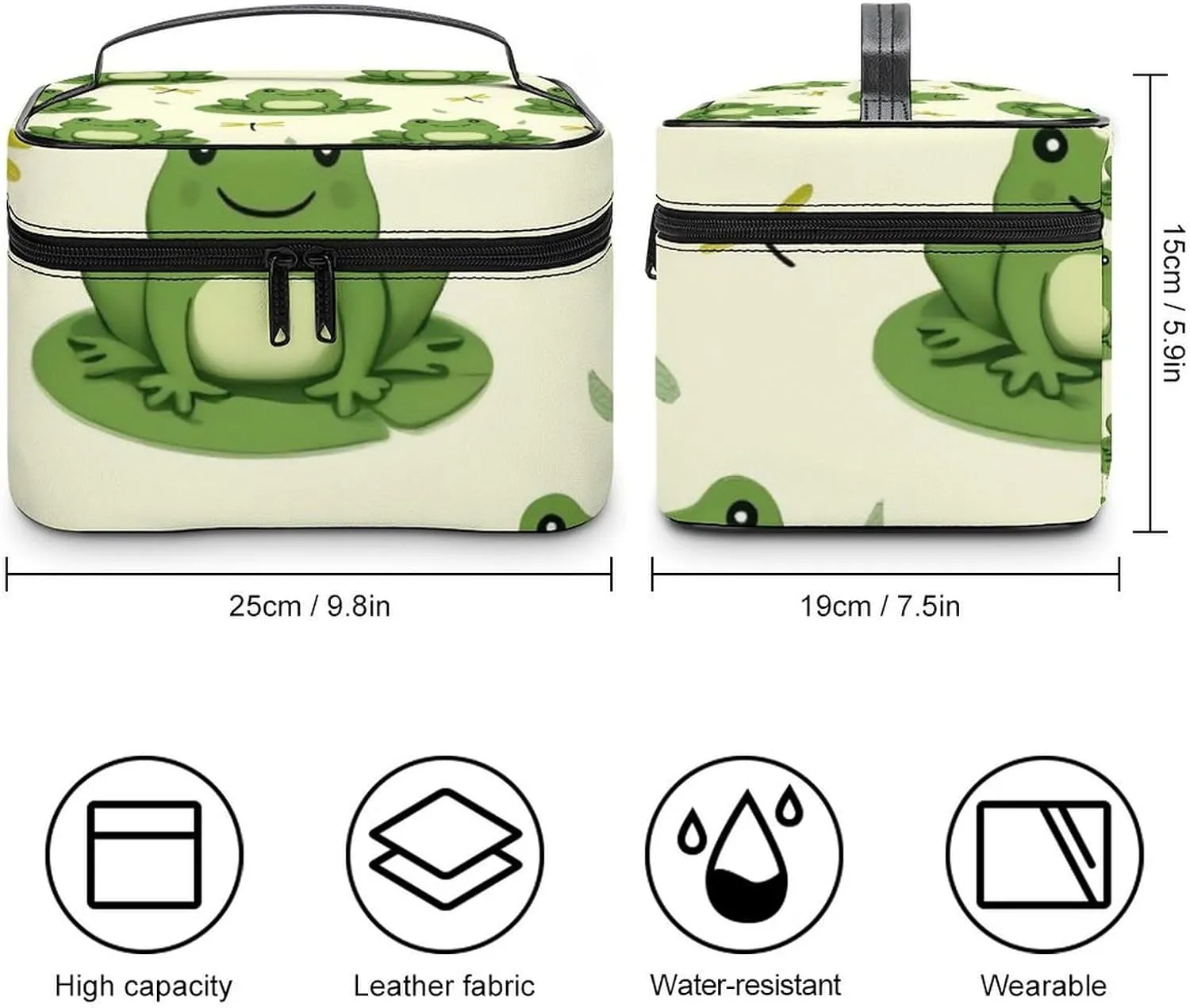 Portable Makeup Bag for Women, Travel Large Cosmetics Toiletry Storage Bag Cute Frog Animal Green Frogs Makeup Organizer Case with Handle