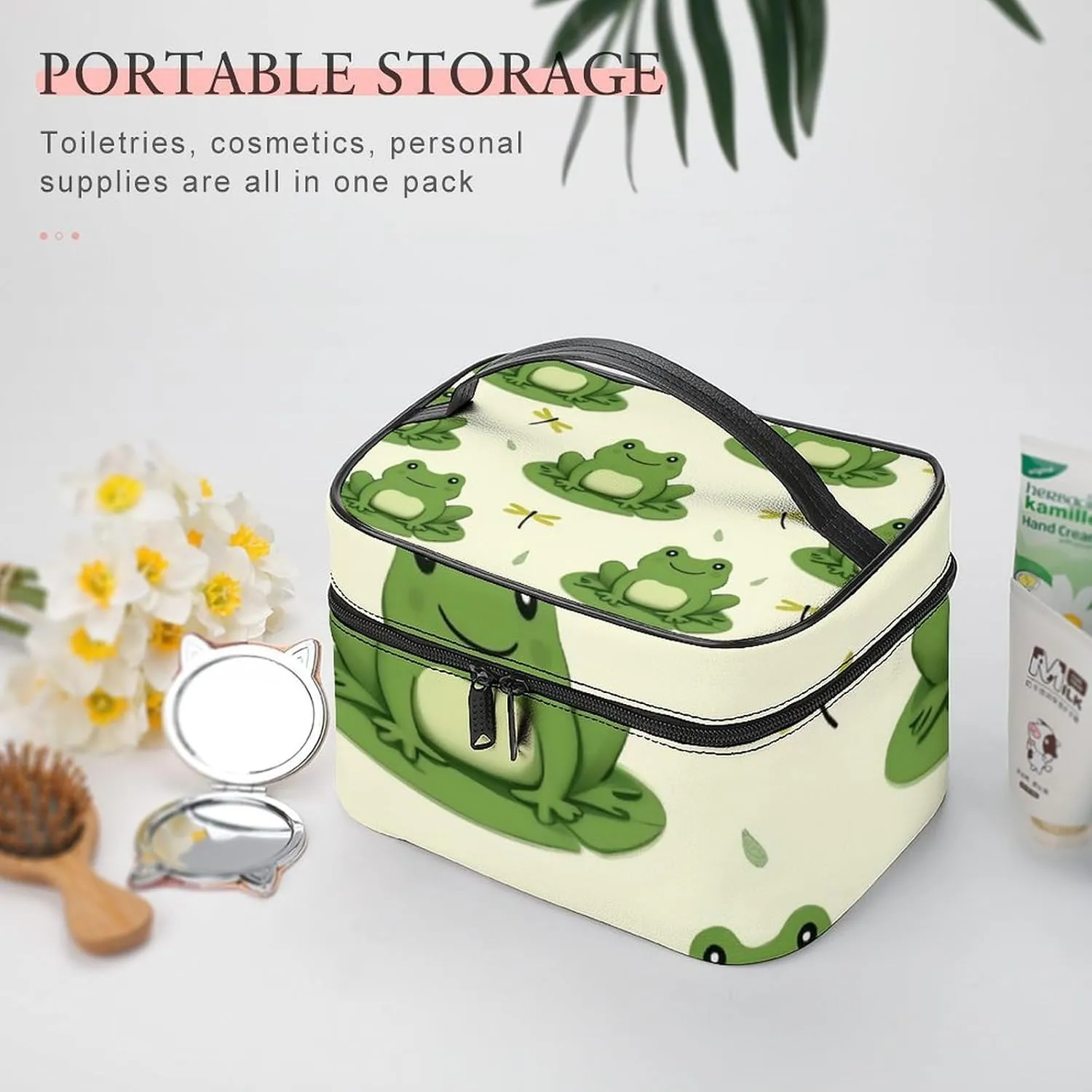 Portable Makeup Bag for Women, Travel Large Cosmetics Toiletry Storage Bag Cute Frog Animal Green Frogs Makeup Organizer Case with Handle