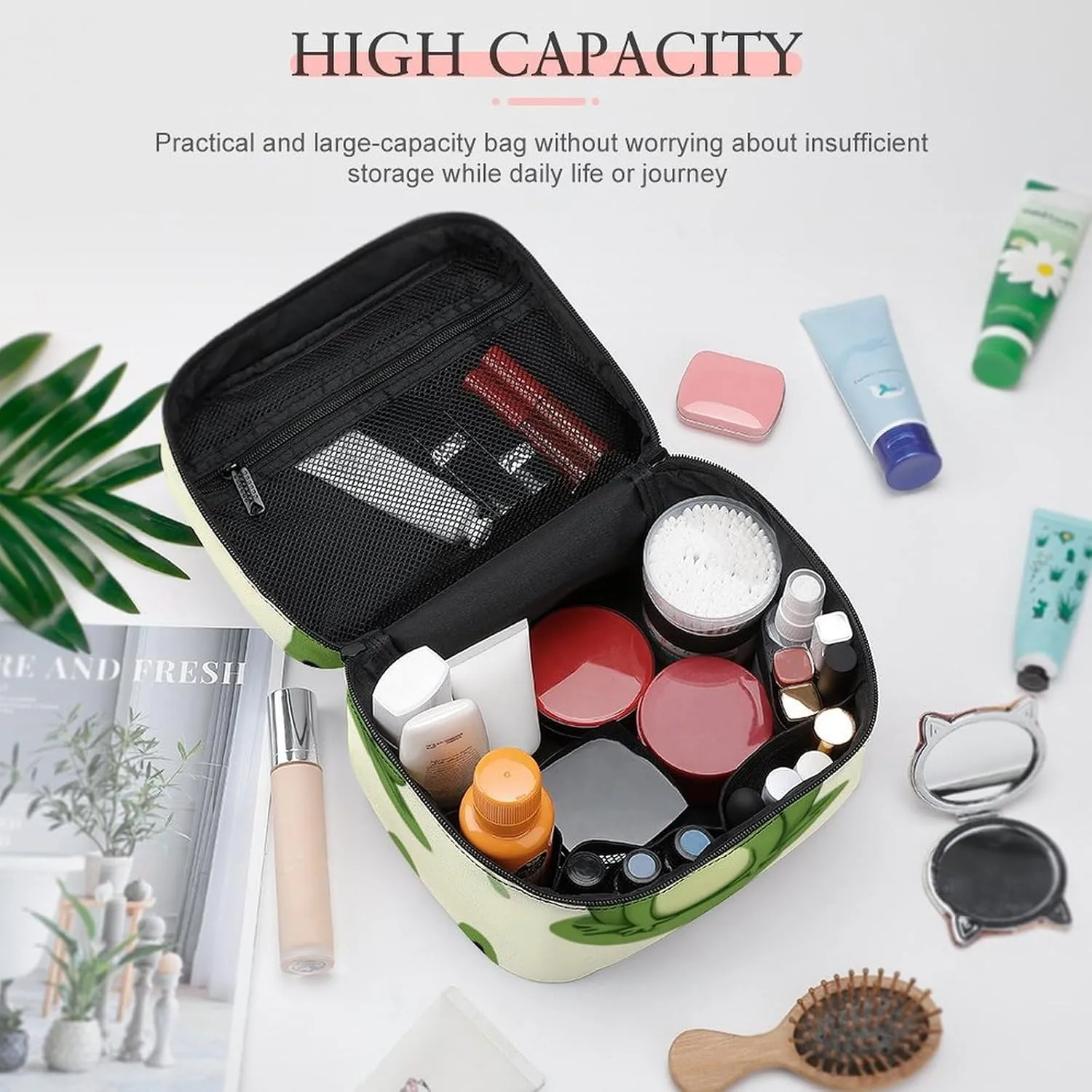 Portable Makeup Bag for Women, Travel Large Cosmetics Toiletry Storage Bag Cute Frog Animal Green Frogs Makeup Organizer Case with Handle