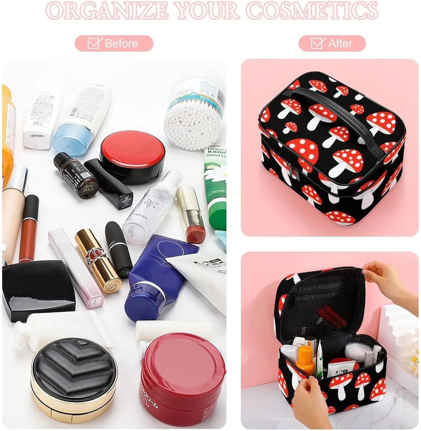 Portable Makeup Bag with Zipper Pouch, Cute Cartoon Red Mushrooms Cosmetic Case Large Capacity Travel Makeup Case Organizer Toiletry Brushes Storage Bag