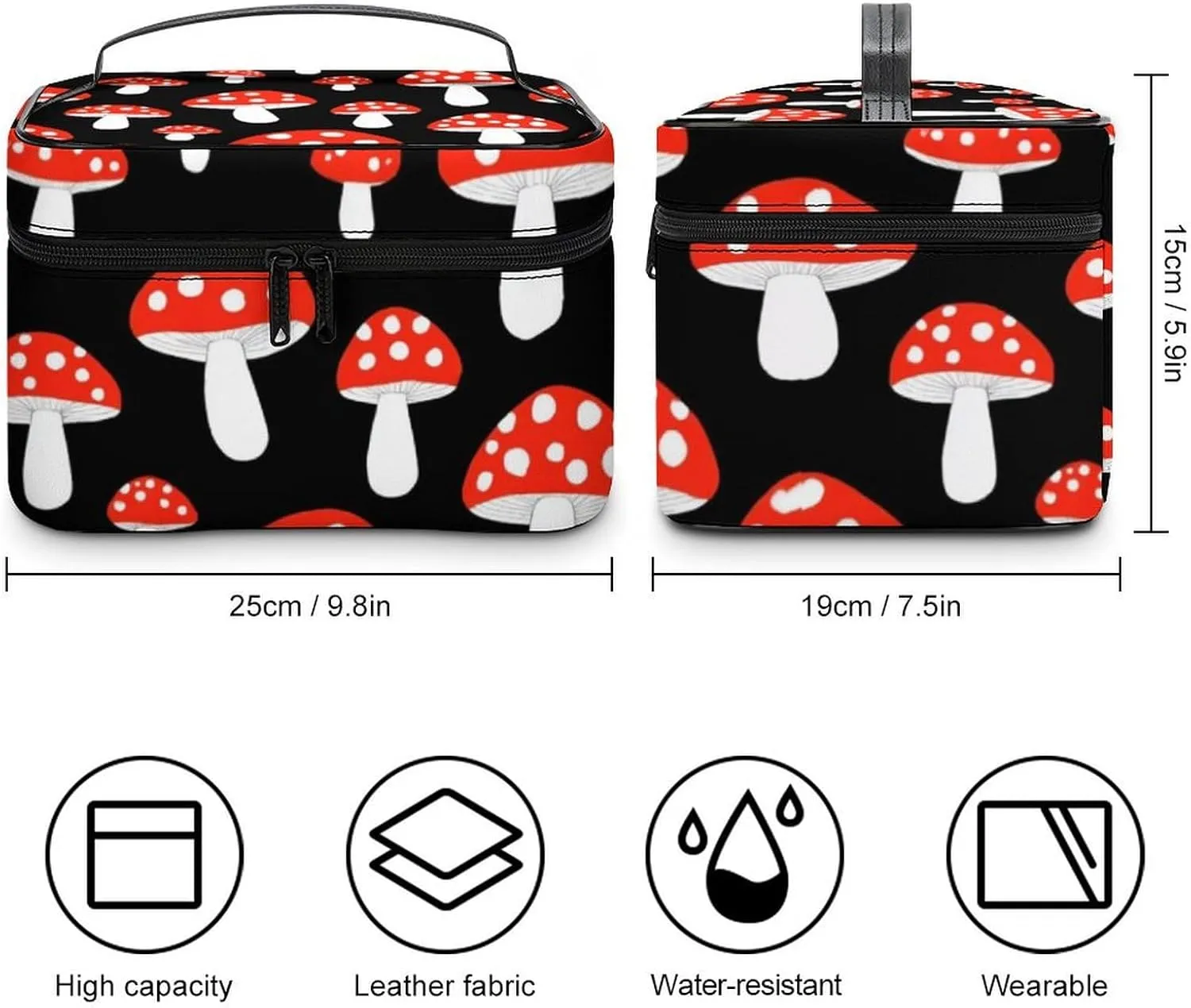 Portable Makeup Bag with Zipper Pouch, Cute Cartoon Red Mushrooms Cosmetic Case Large Capacity Travel Makeup Case Organizer Toiletry Brushes Storage Bag