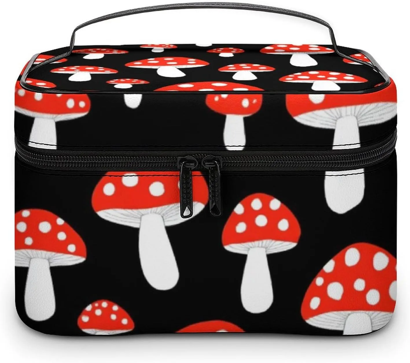Portable Makeup Bag with Zipper Pouch, Cute Cartoon Red Mushrooms Cosmetic Case Large Capacity Travel Makeup Case Organizer Toiletry Brushes Storage Bag