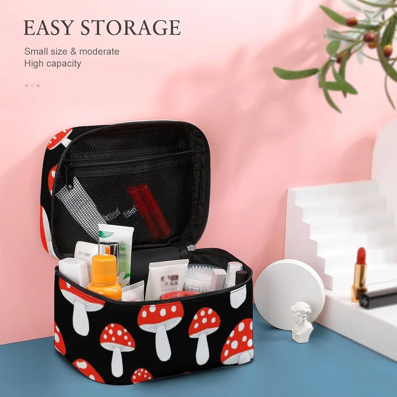 Portable Makeup Bag with Zipper Pouch, Cute Cartoon Red Mushrooms Cosmetic Case Large Capacity Travel Makeup Case Organizer Toiletry Brushes Storage Bag
