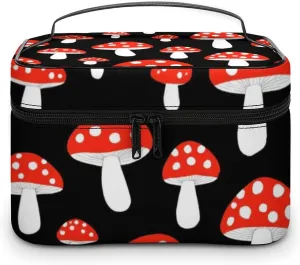 Portable Makeup Bag with Zipper Pouch, Cute Cartoon Red Mushrooms Cosmetic Case Large Capacity Travel Makeup Case Organizer Toiletry Brushes Storage Bag