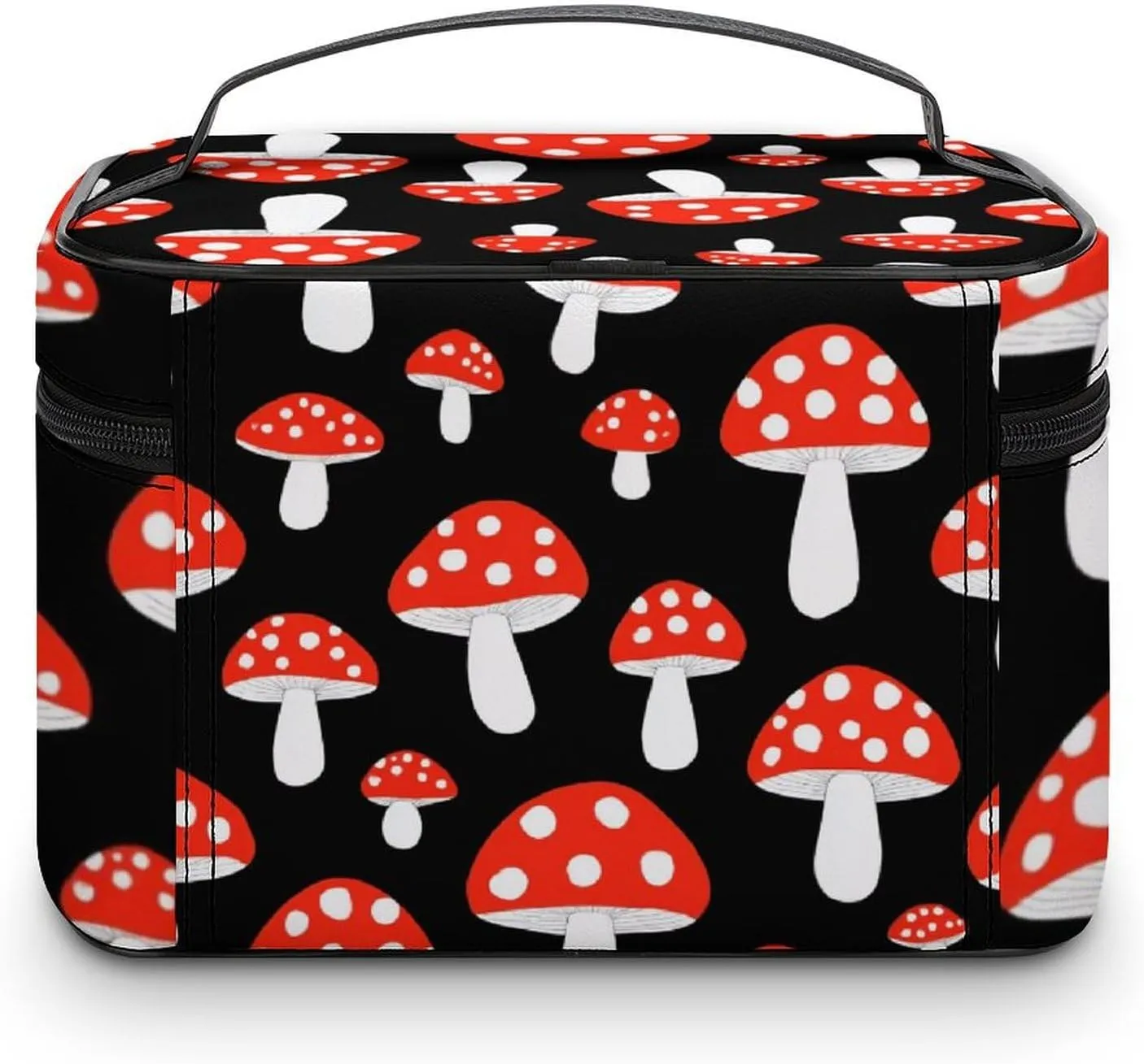 Portable Makeup Bag with Zipper Pouch, Cute Cartoon Red Mushrooms Cosmetic Case Large Capacity Travel Makeup Case Organizer Toiletry Brushes Storage Bag