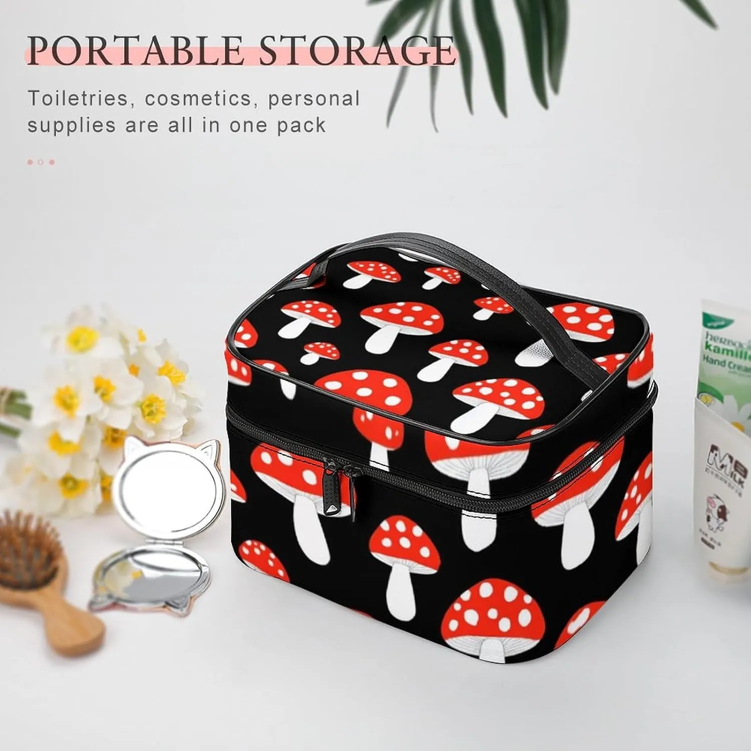 Portable Makeup Bag with Zipper Pouch, Cute Cartoon Red Mushrooms Cosmetic Case Large Capacity Travel Makeup Case Organizer Toiletry Brushes Storage Bag