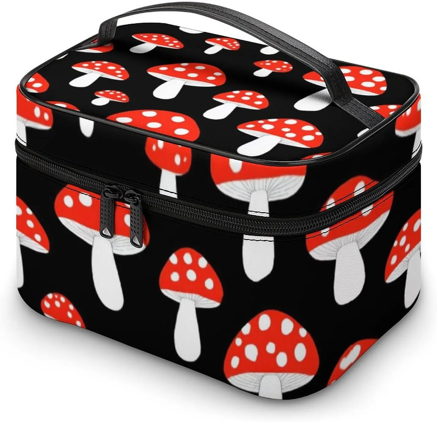 Portable Makeup Bag with Zipper Pouch, Cute Cartoon Red Mushrooms Cosmetic Case Large Capacity Travel Makeup Case Organizer Toiletry Brushes Storage Bag