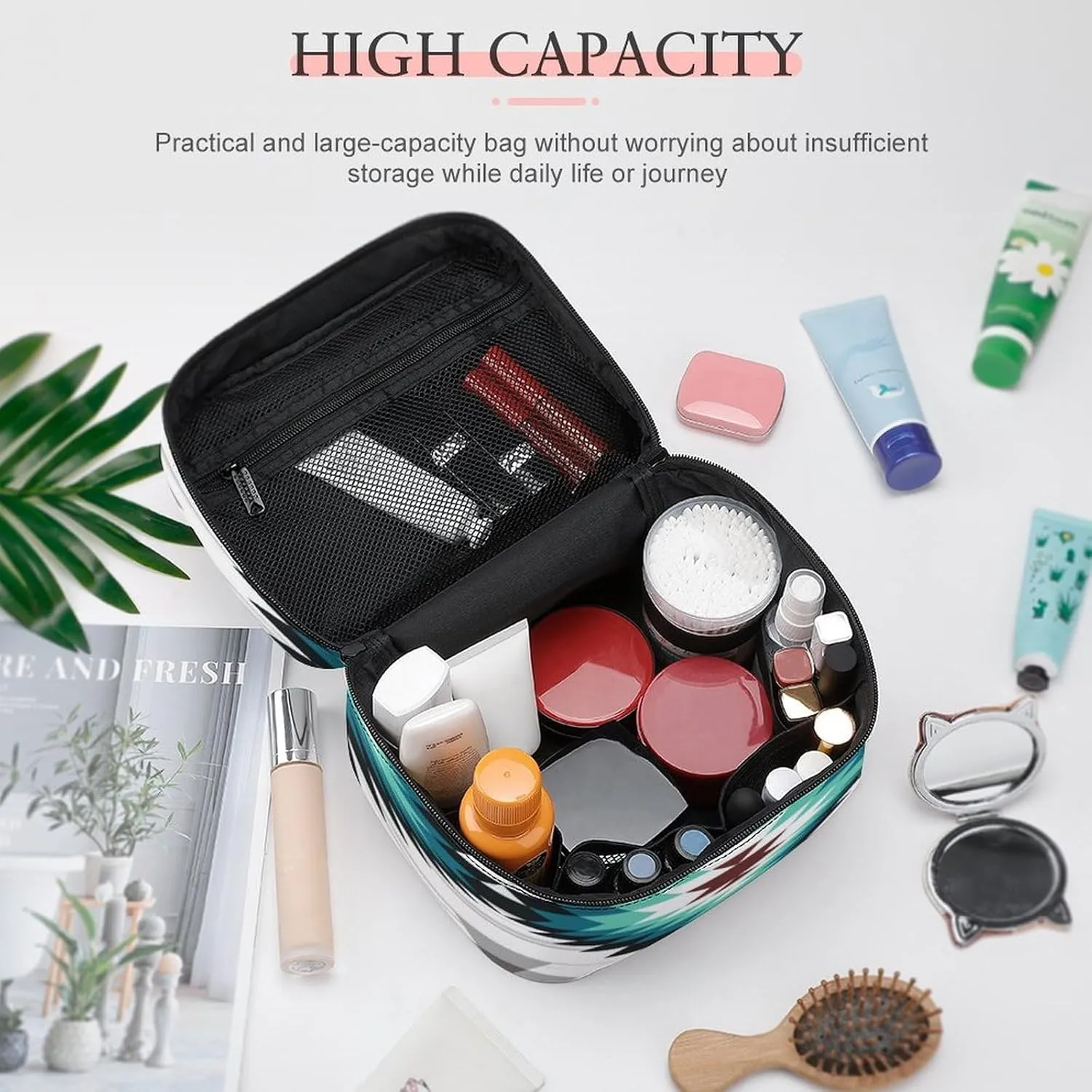 Portable Makeup Case, Waterproof Cosmetic Organizer Pouch with Handle, Teal Turquoise Tribal Navajo Aztec Geometric Ethnic Pattern Large Toiletry Storage Bag for Women