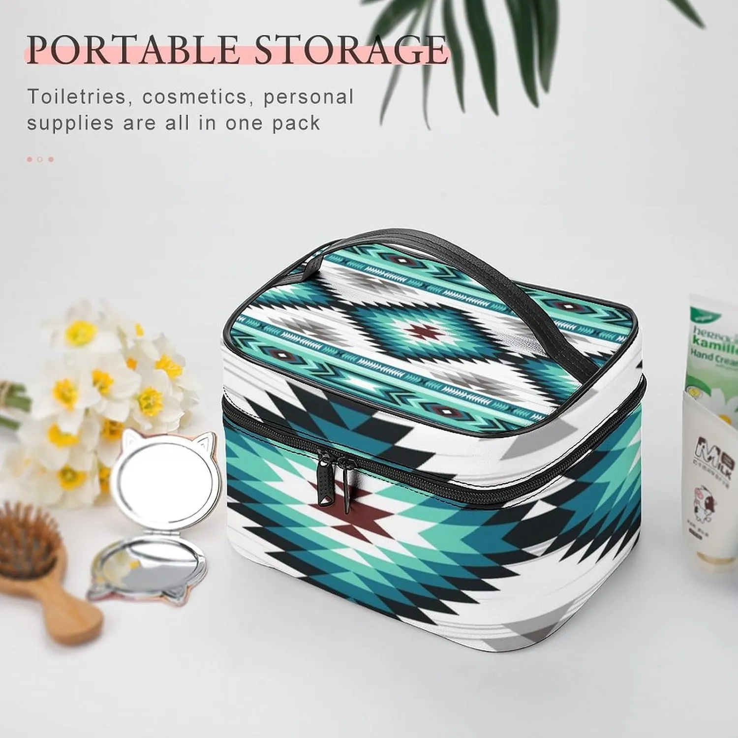 Portable Makeup Case, Waterproof Cosmetic Organizer Pouch with Handle, Teal Turquoise Tribal Navajo Aztec Geometric Ethnic Pattern Large Toiletry Storage Bag for Women